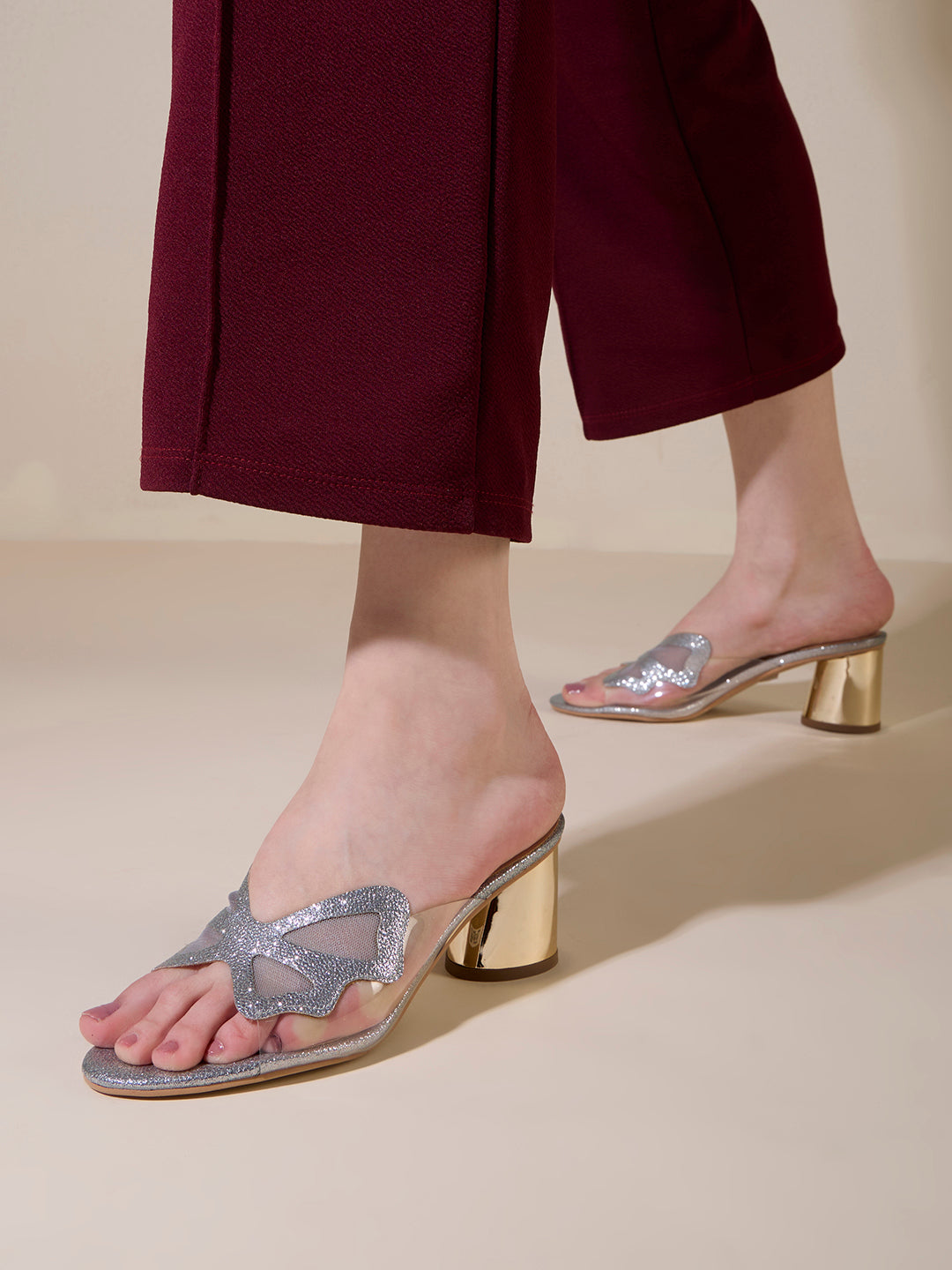 Womens Pewter Party Wear Transparent Round Toe Block Heel Sandals