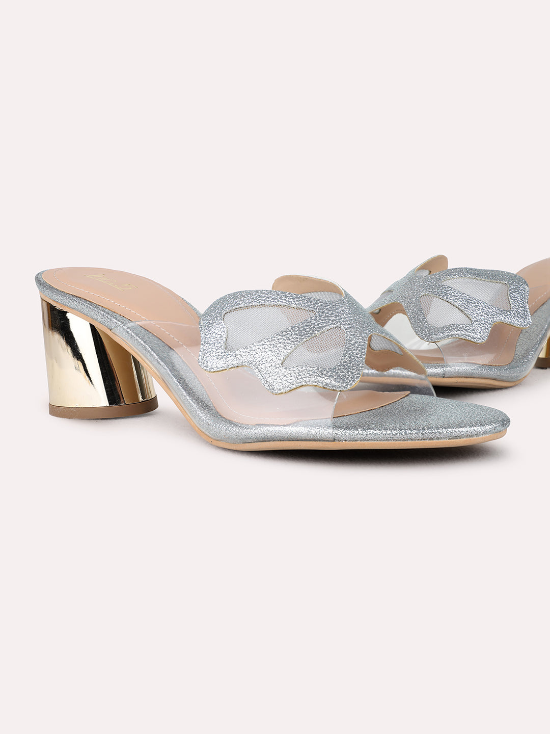 Womens Pewter Party Wear Transparent Round Toe Block Heel Sandals