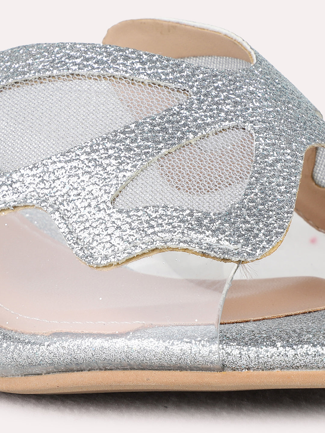 Womens Pewter Party Wear Transparent Round Toe Block Heel Sandals