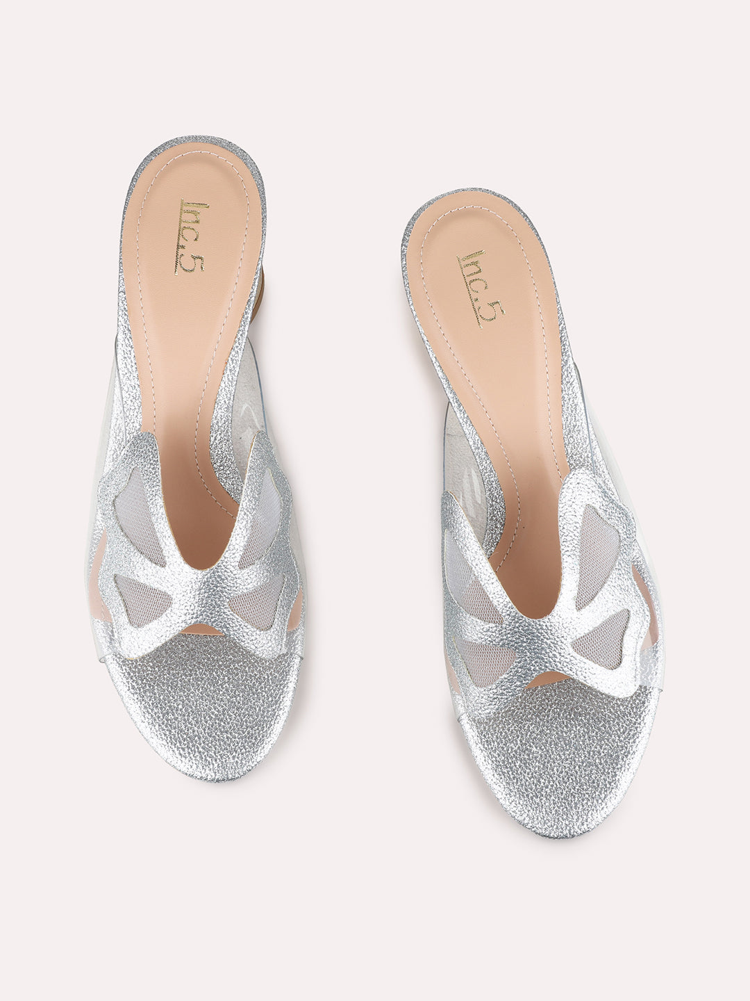 Womens Pewter Party Wear Transparent Round Toe Block Heel Sandals