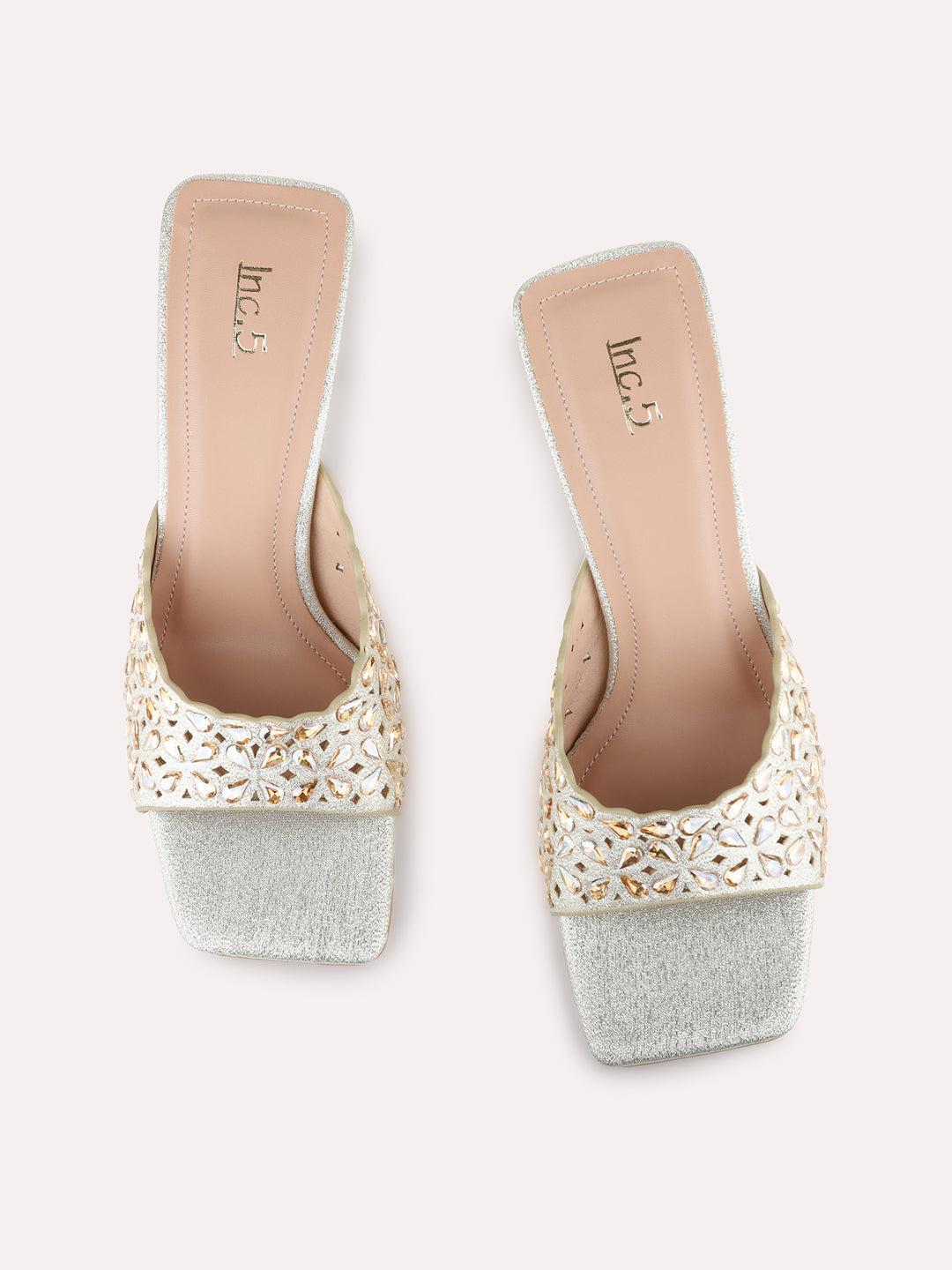 Womens Golden Party Wear Printed Square Toe Block Heel Sandals