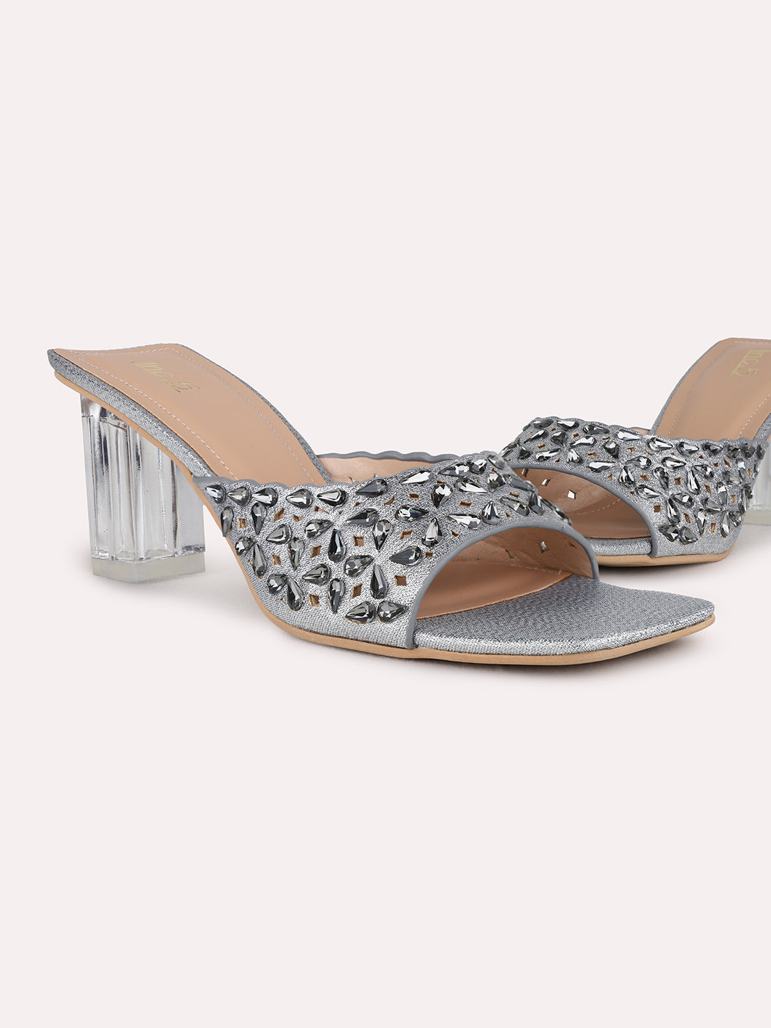 Womens Pewter Party Wear Printed Square Toe Block Heel Sandals