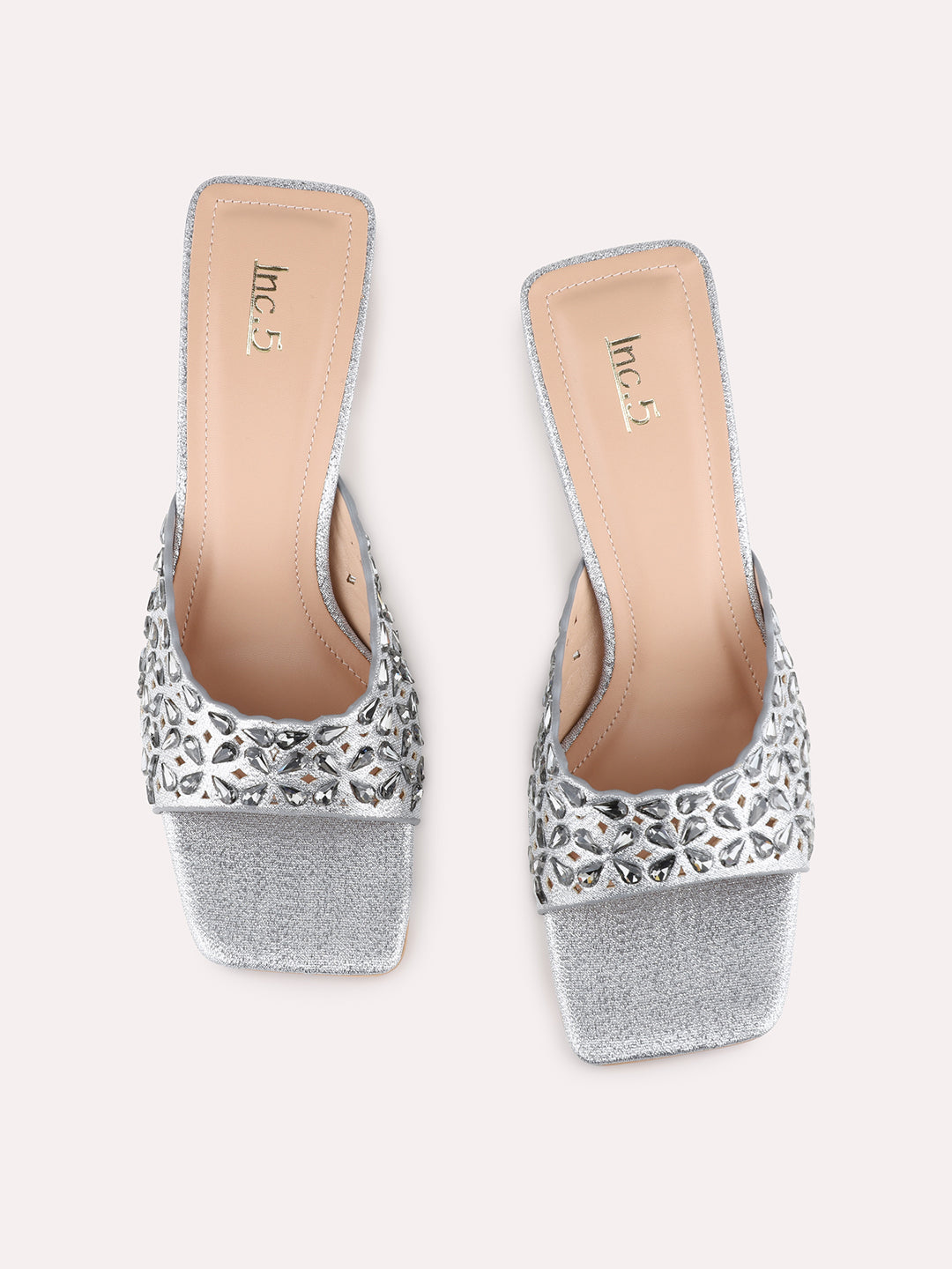 Womens Pewter Party Wear Printed Square Toe Block Heel Sandals