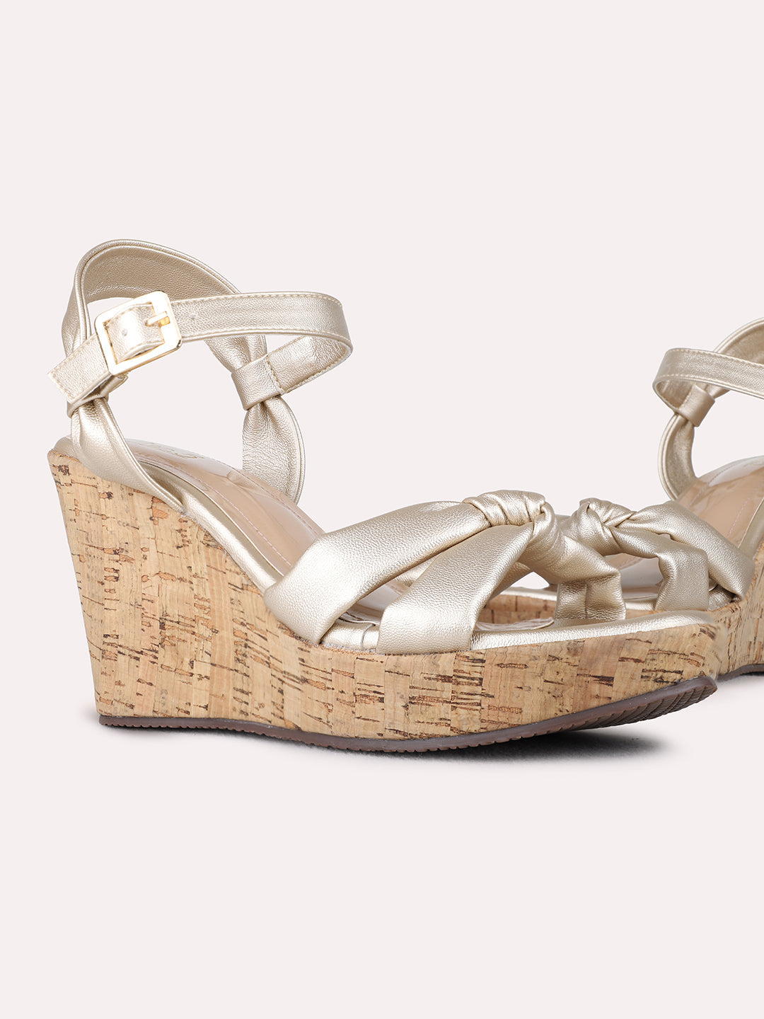 Womens Golden Party Wear Solid Round Toe Wedge Heel Sandals