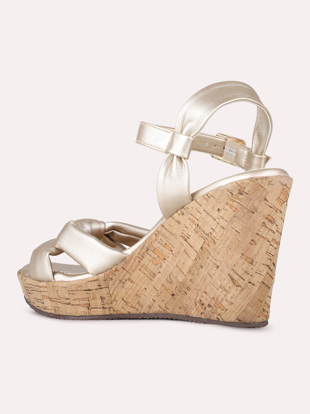 Womens Golden Party Wear Solid Round Toe Wedge Heels