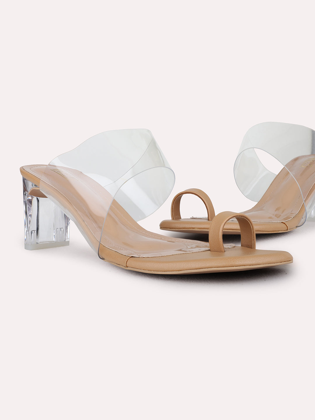 Womens Beige Party Wear Solid Pattern Block Heels