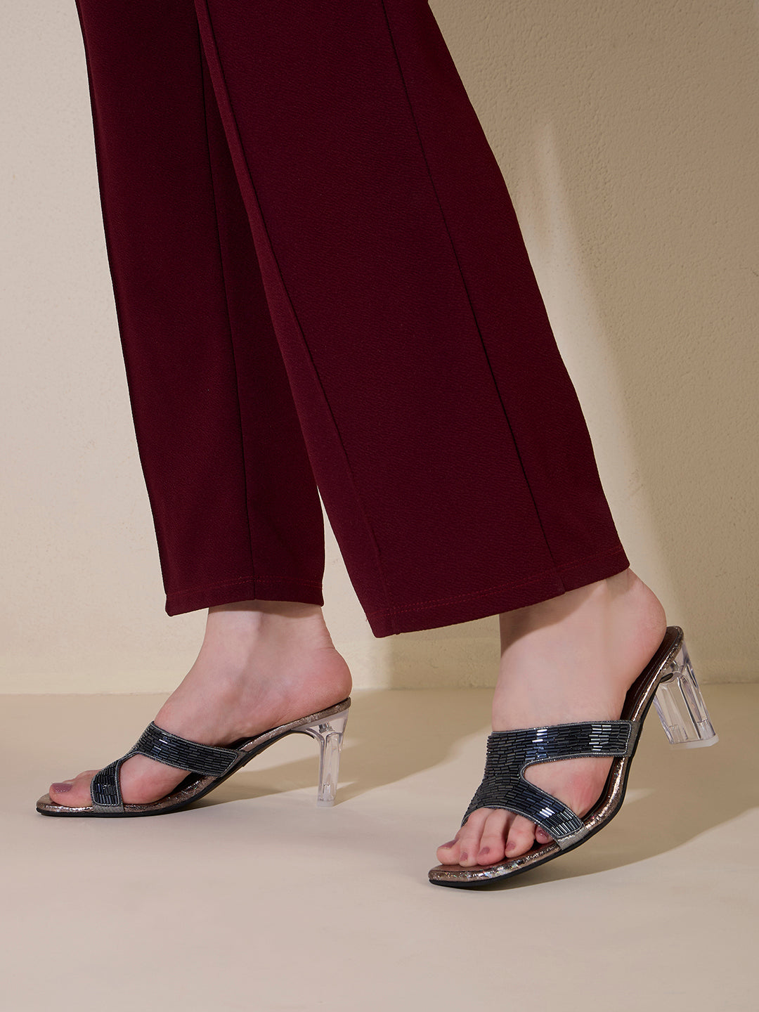 Womens Pewter Party Wear Embellished Square Toe Block Heel Sandals