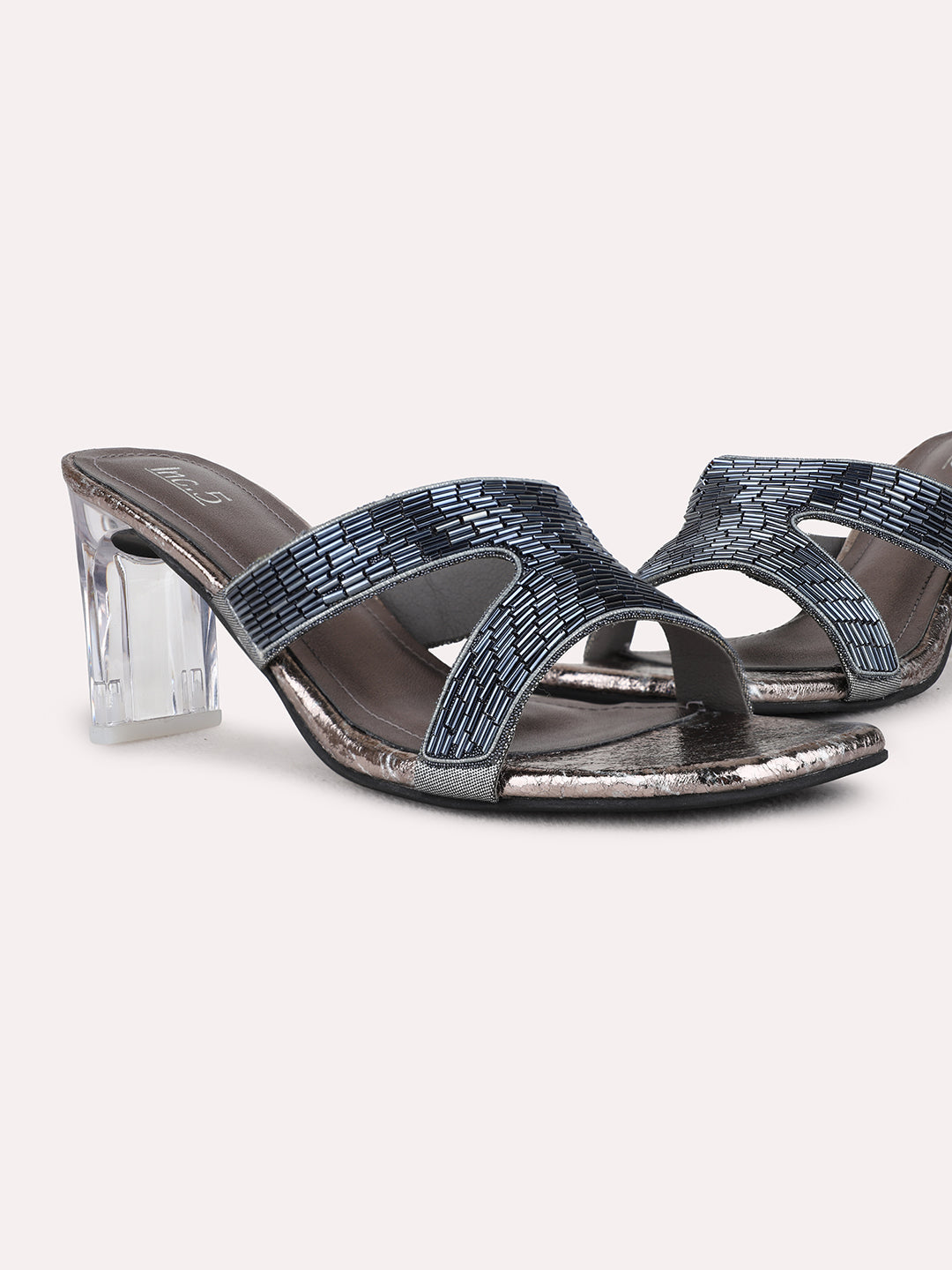 Womens Pewter Party Wear Embellished Square Toe Block Heel Sandals