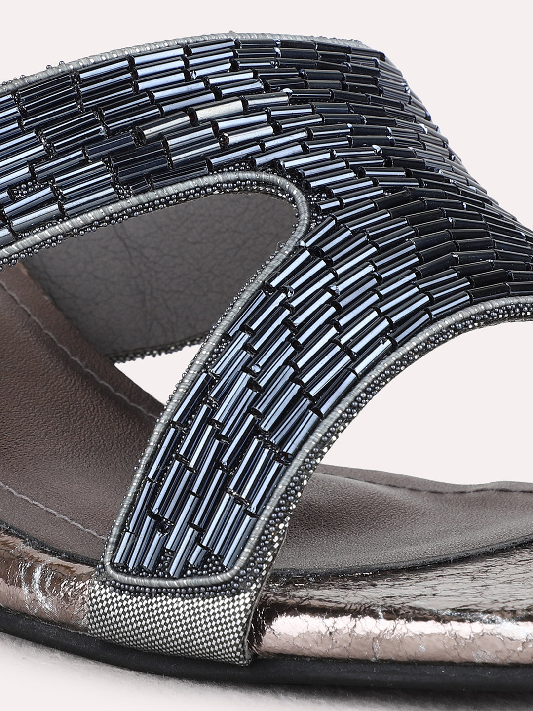 Womens Pewter Party Wear Embellished Square Toe Block Heel Sandals