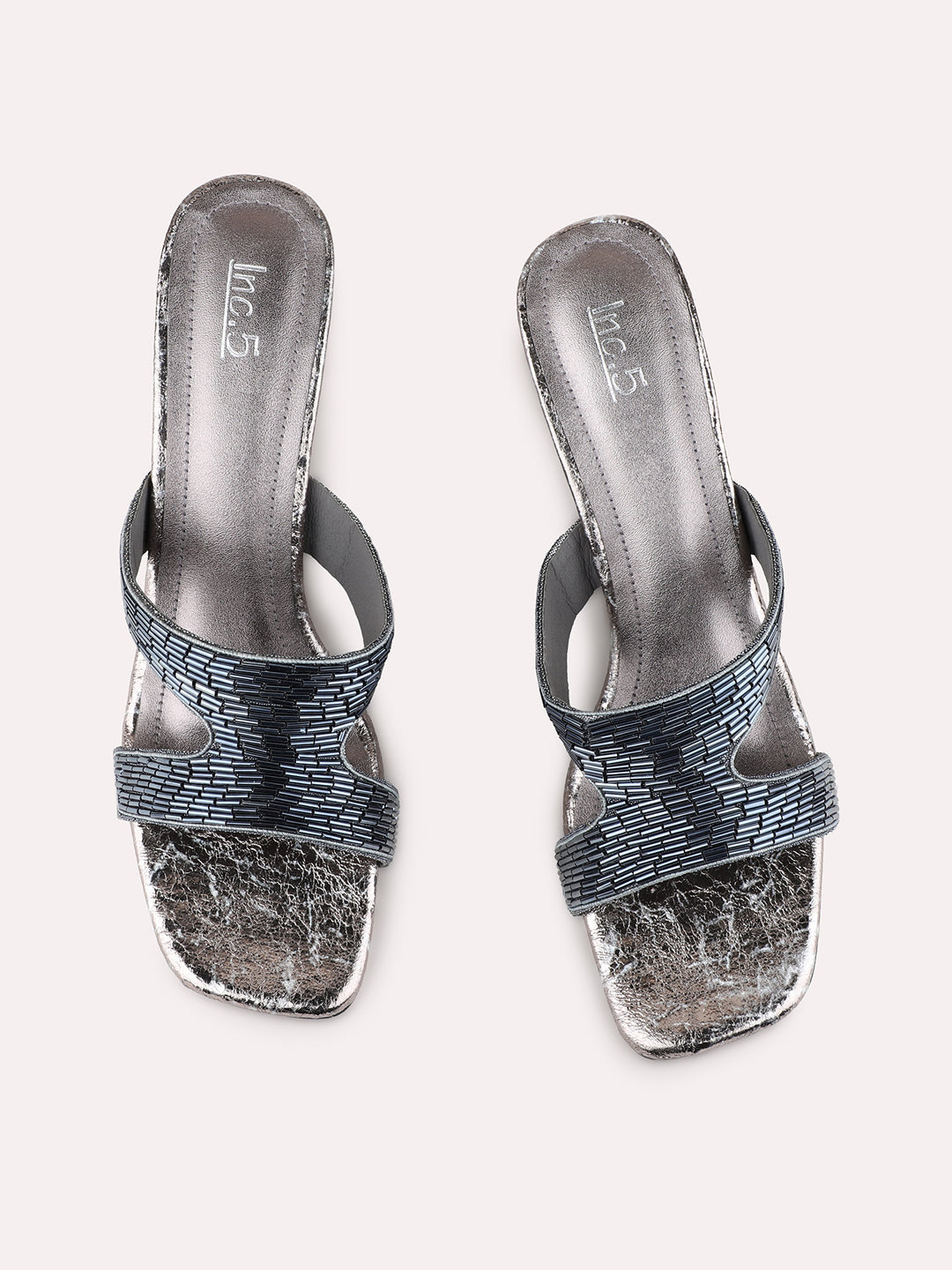 Womens Pewter Party Wear Embellished Square Toe Block Heel Sandals