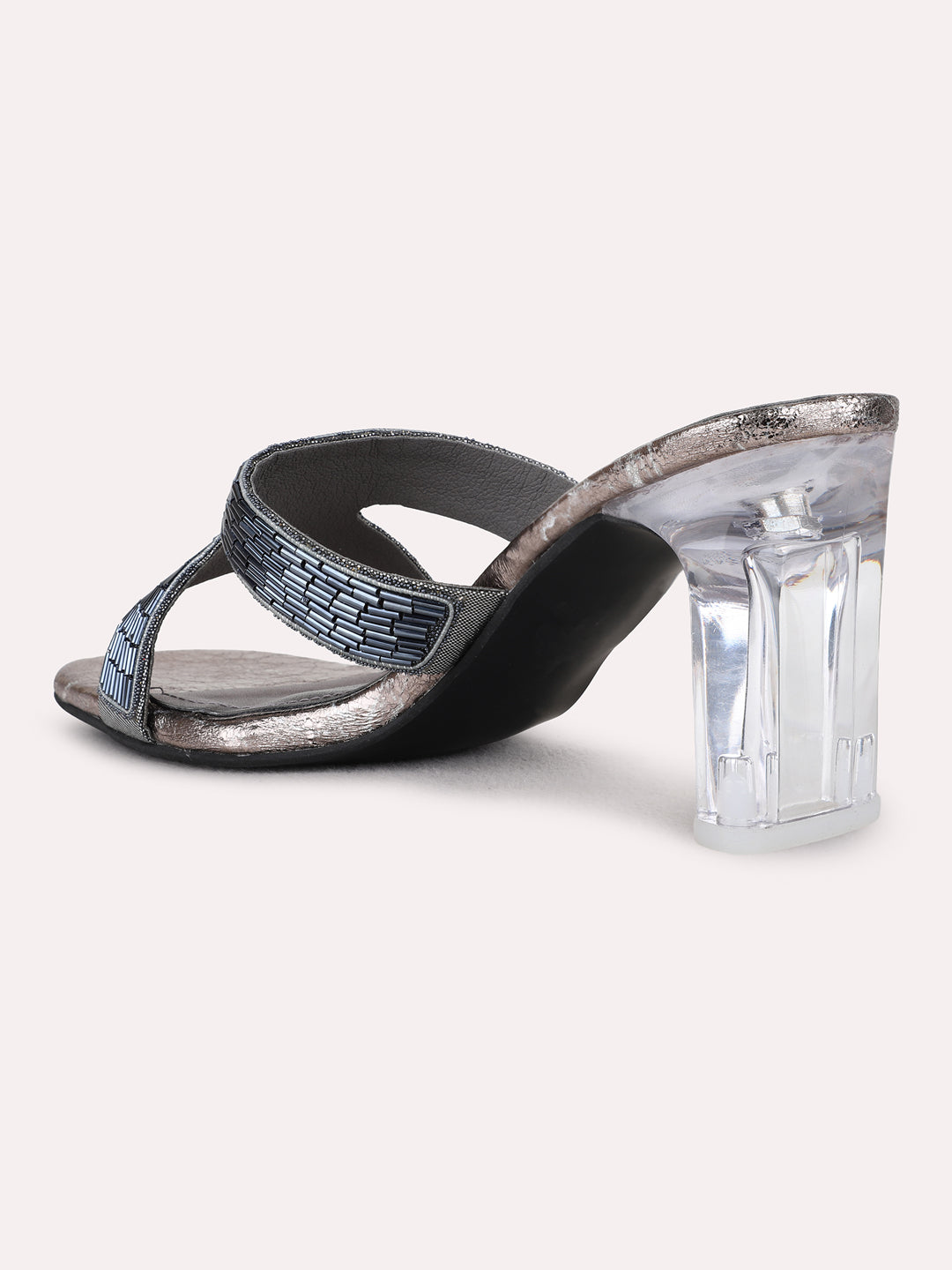 Womens Pewter Party Wear Embellished Square Toe Block Heel Sandals