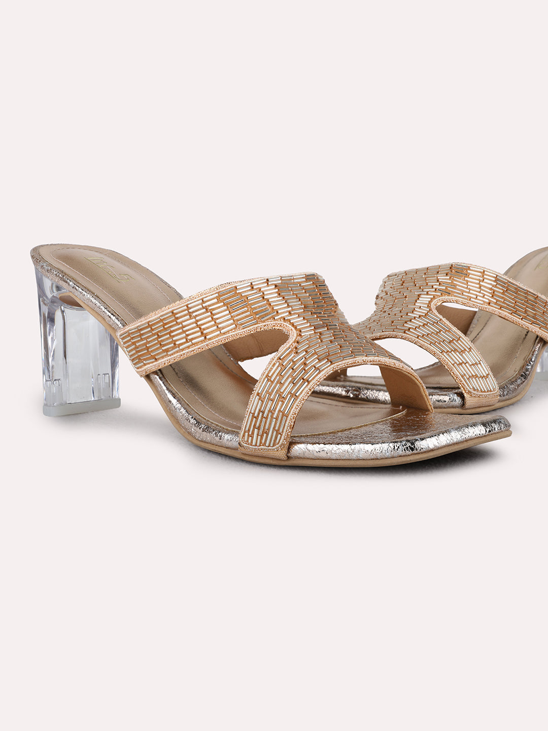 Womens Rose Gold Party Wear Embellished Square Toe Block Heel Sandals