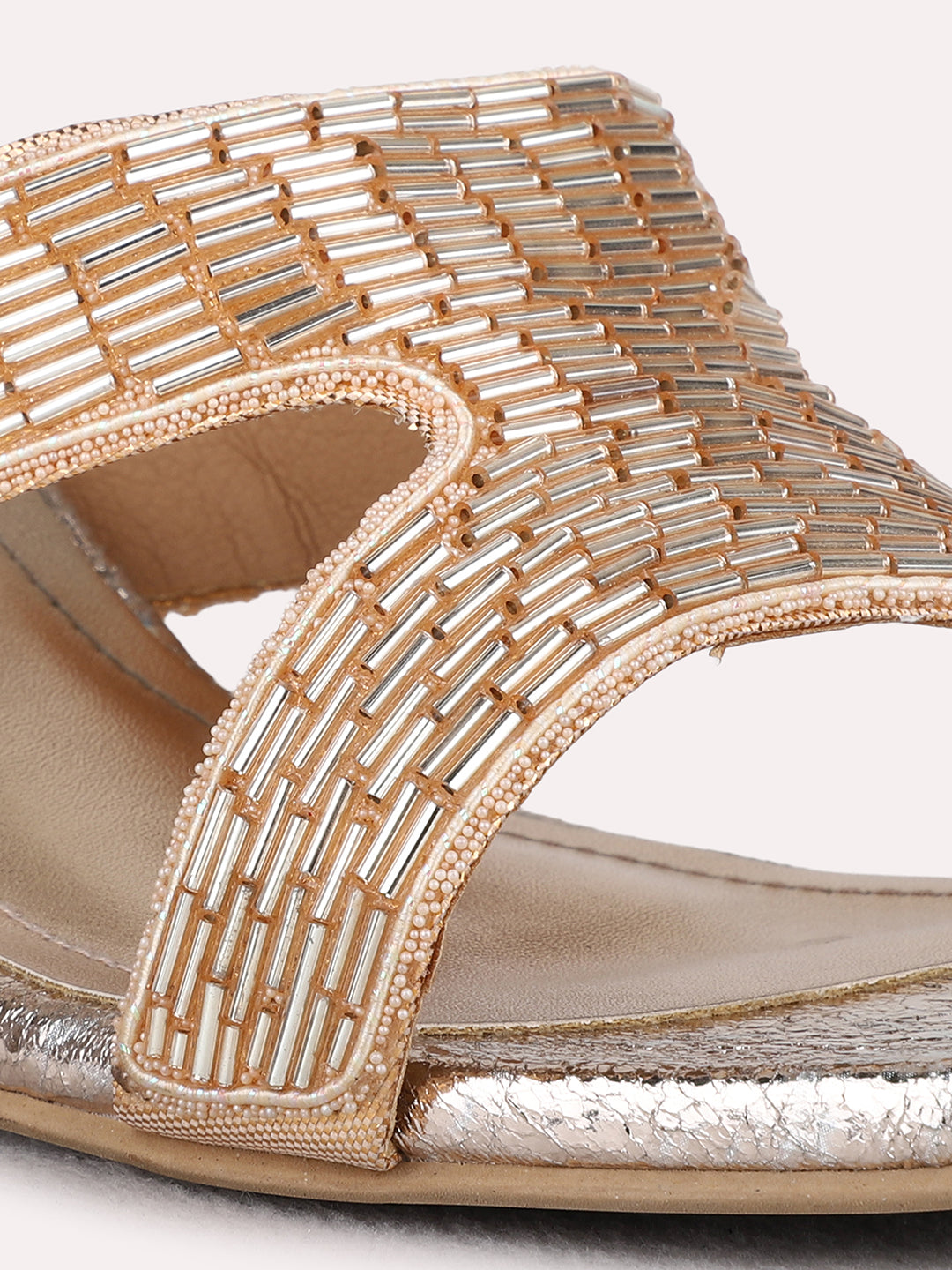 Womens Rose Gold Party Wear Embellished Square Toe Block Heel Sandals