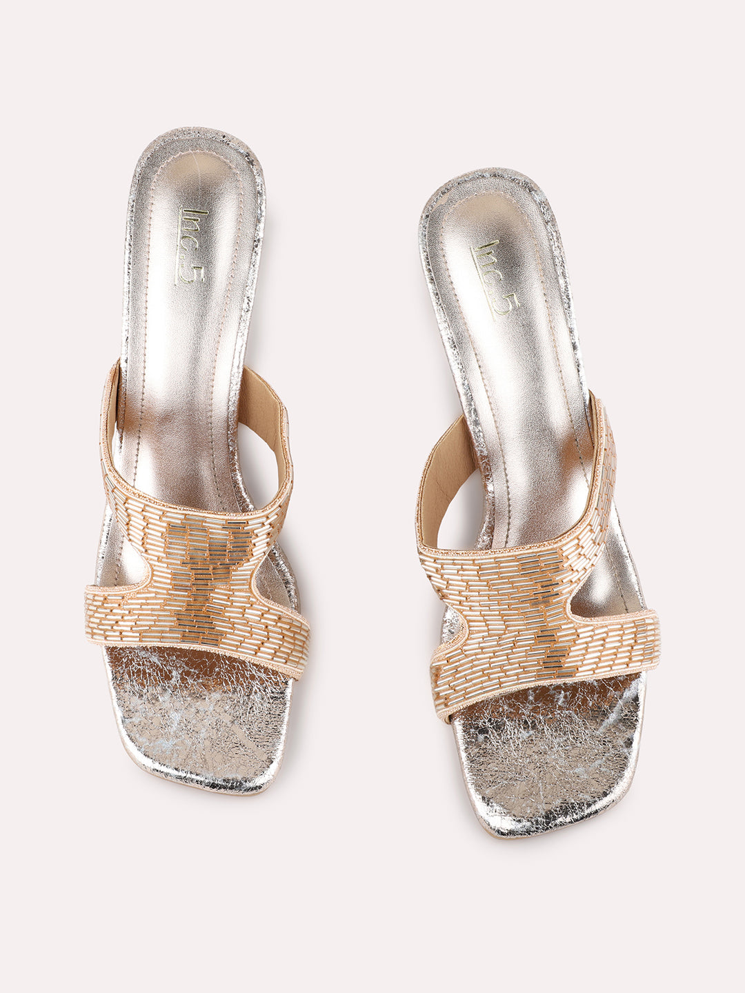 Womens Rose Gold Party Wear Embellished Square Toe Block Heel Sandals