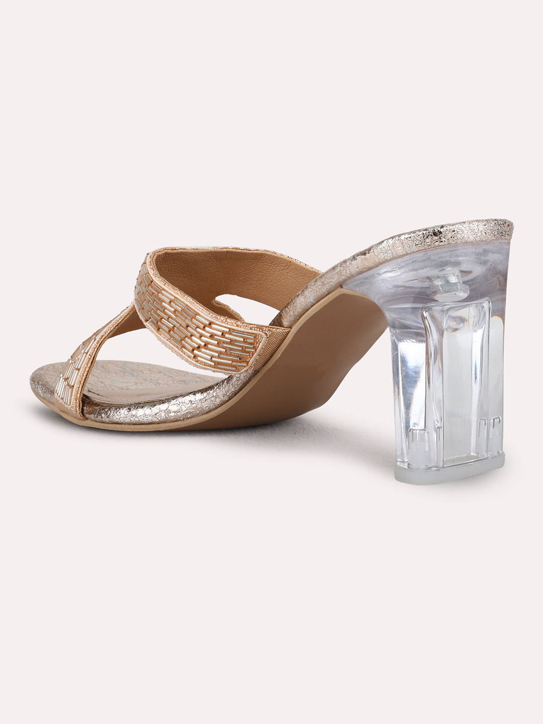 Womens Rose Gold Party Wear Embellished Square Toe Block Heel Sandals
