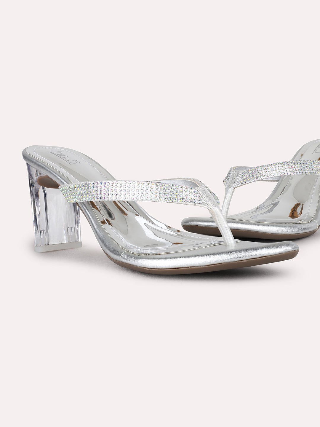 Womens Silver Party Wear Solid Pattern Block Heels Sandal