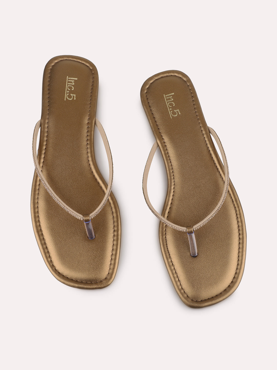 Womens Golden Casual Solid T-Strap Flat Slip-On Sandals