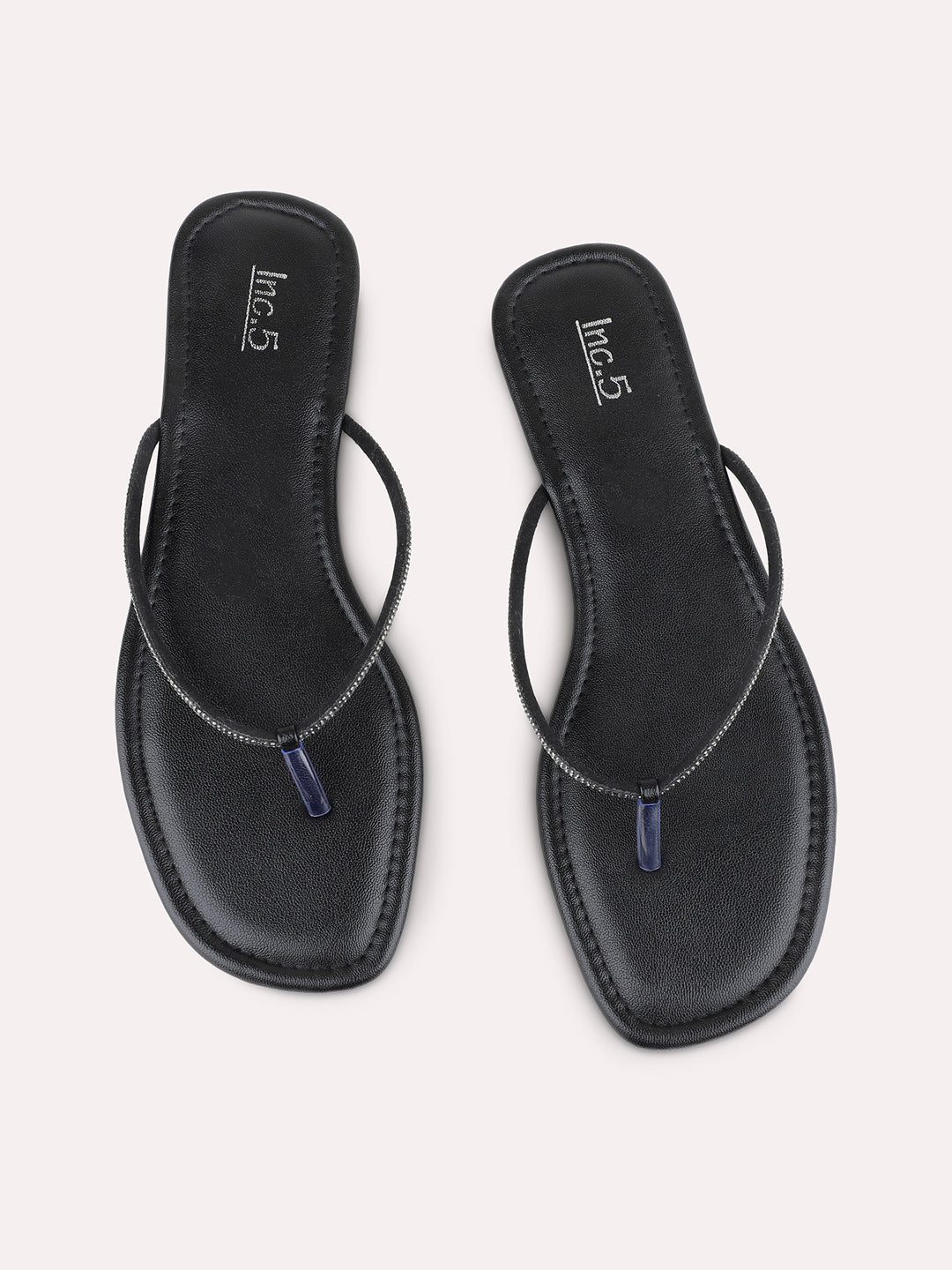 Womens Black Casual Solid T-Strap Flat Slip-On Sandals