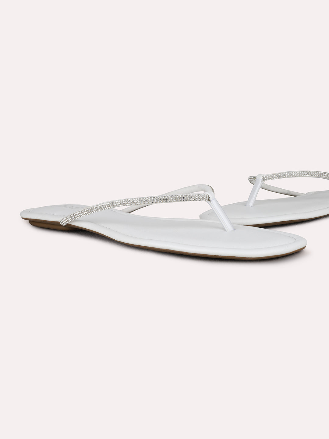 Womens White Casual Solid T-Strap Flat Slip-On Sandals