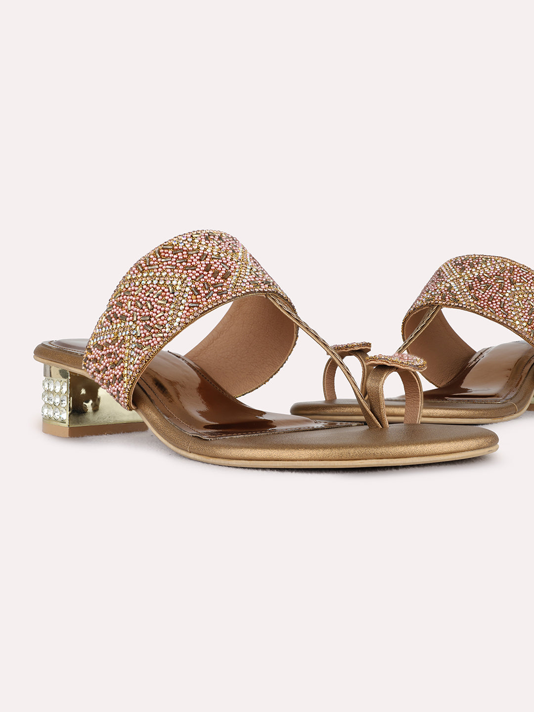 Womens Bronze Ethnic Embellished Round Toe Block Heels