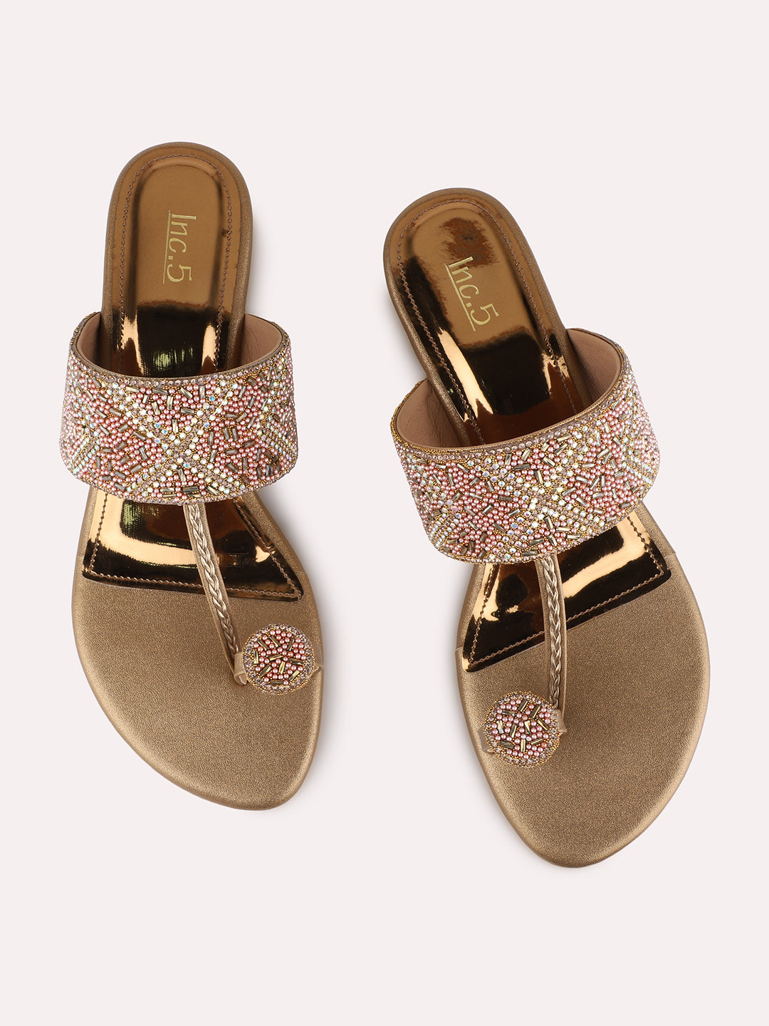 Womens Bronze Ethnic Embellished Round Toe Block Heels