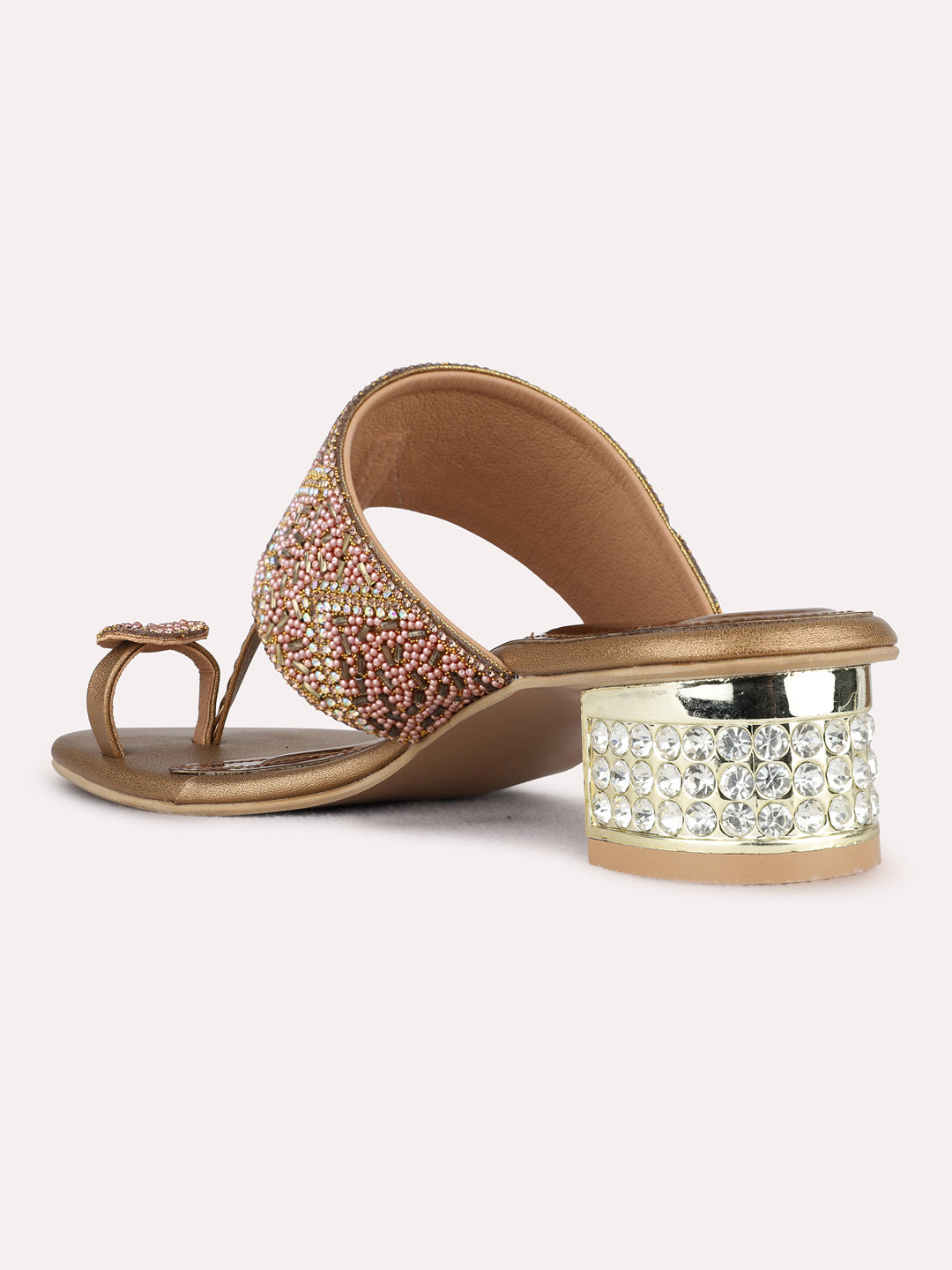 Womens Bronze Ethnic Embellished Round Toe Block Heels