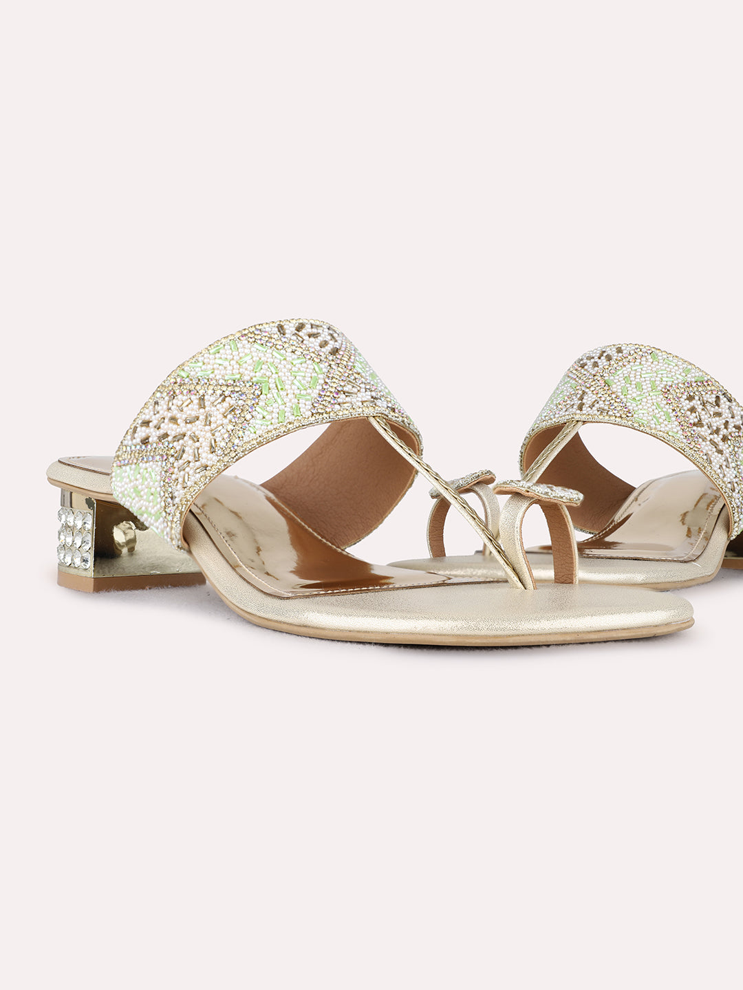 Womens Golden Ethnic Embellished Pattern Round Toe Block Heels