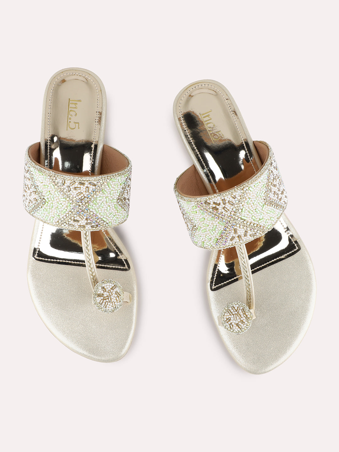 Womens Golden Ethnic Embellished Pattern Round Toe Block Heels