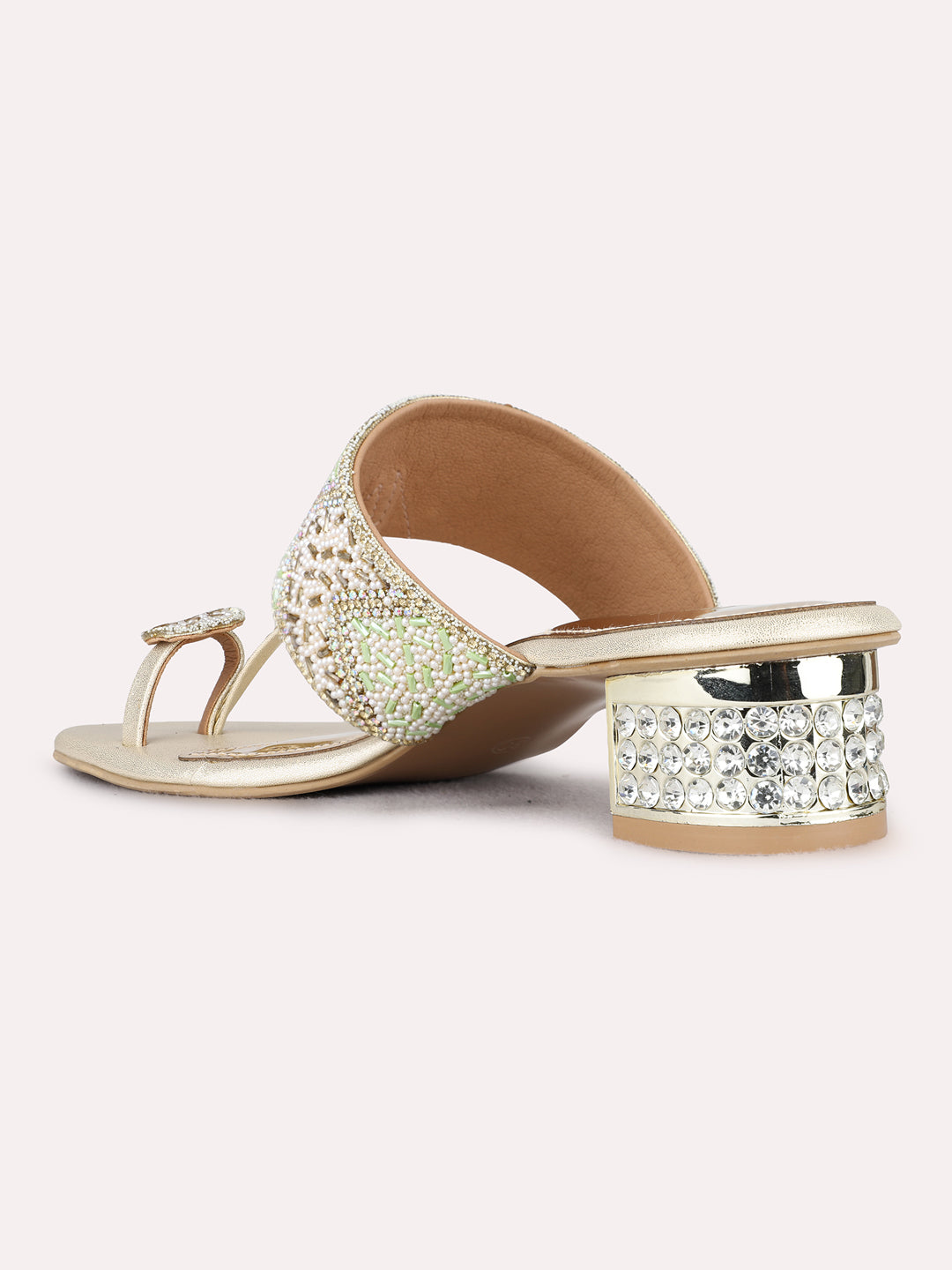 Womens Golden Ethnic Embellished Pattern Round Toe Block Heels