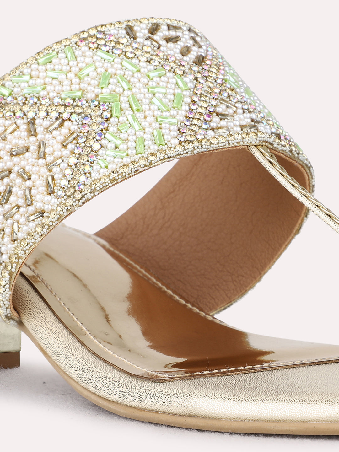 Womens Golden Ethnic Embellished Pattern Round Toe Block Heels