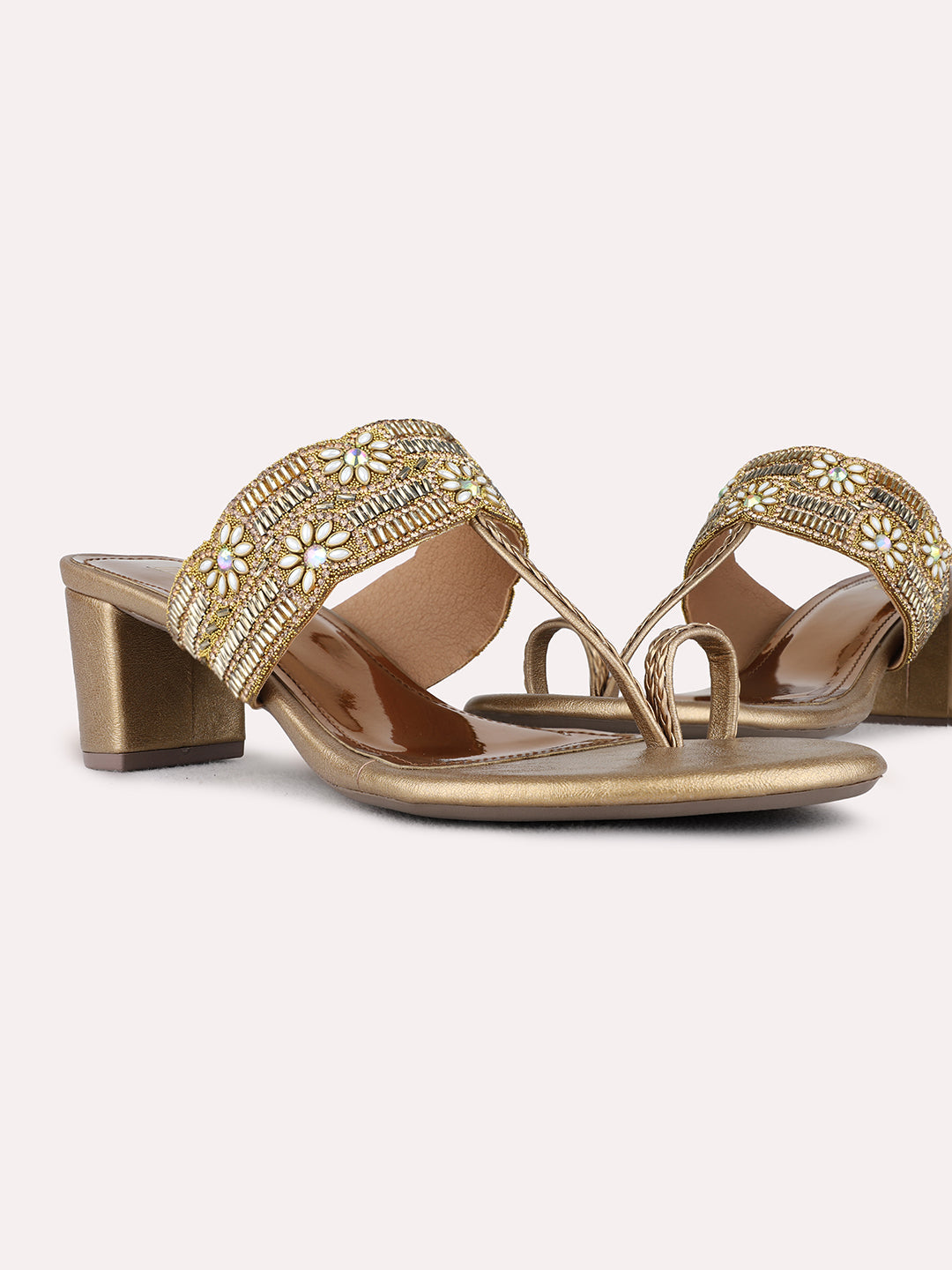 Womens Golden Ethnic Embellished Round Toe Block Heels