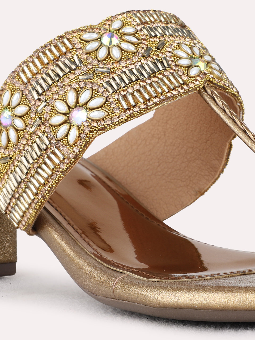 Womens Golden Ethnic Embellished Round Toe Block Heels