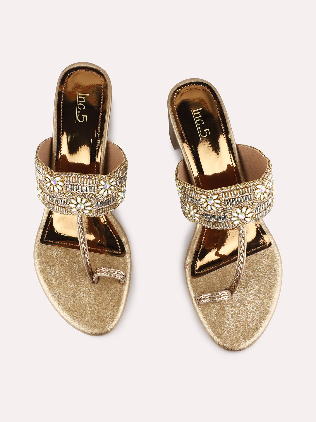 Womens Golden Ethnic Embellished Round Toe Block Heels