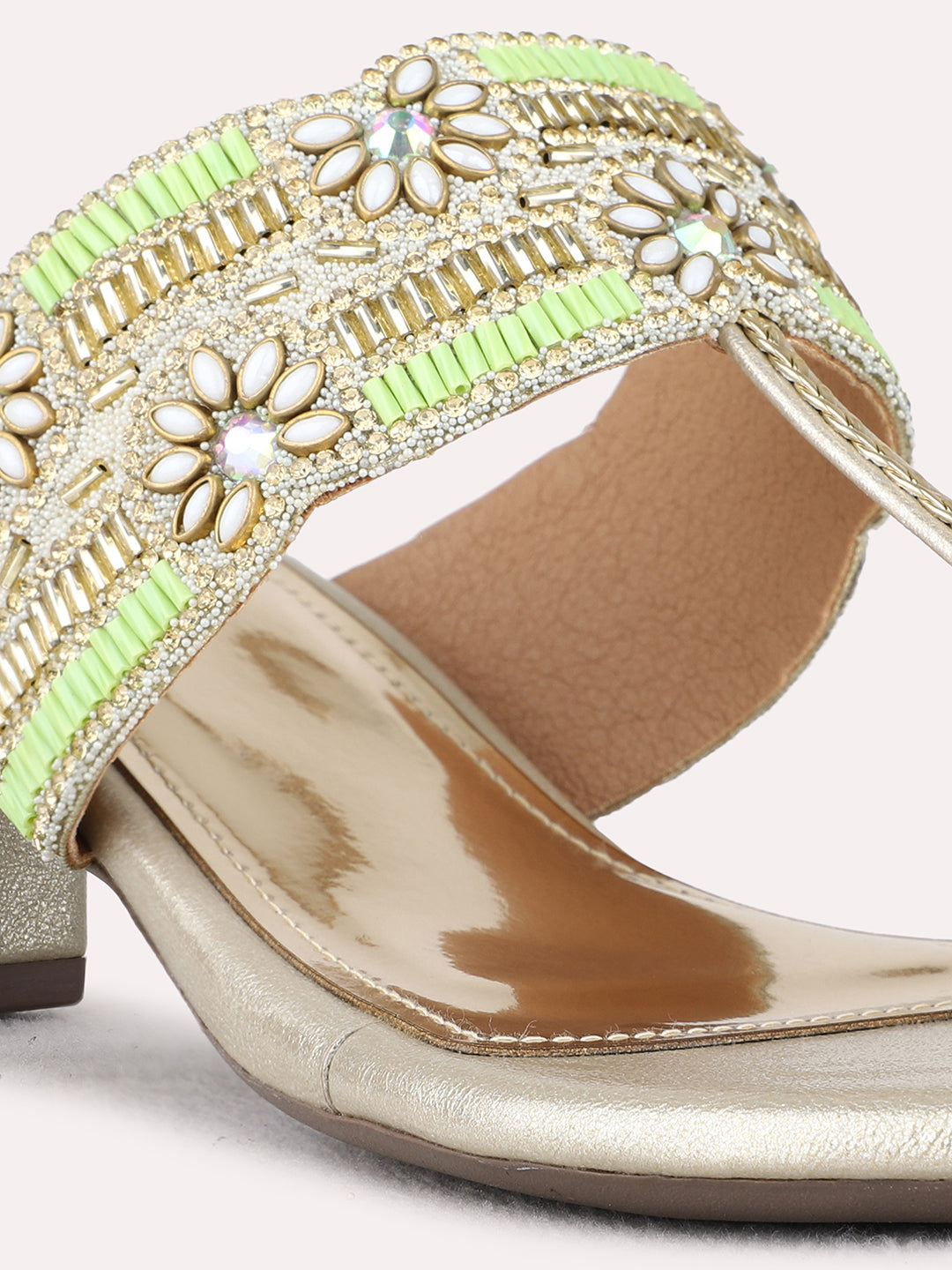 Womens Golden Ethnic Embellished Round Toe Block Heel Sandals