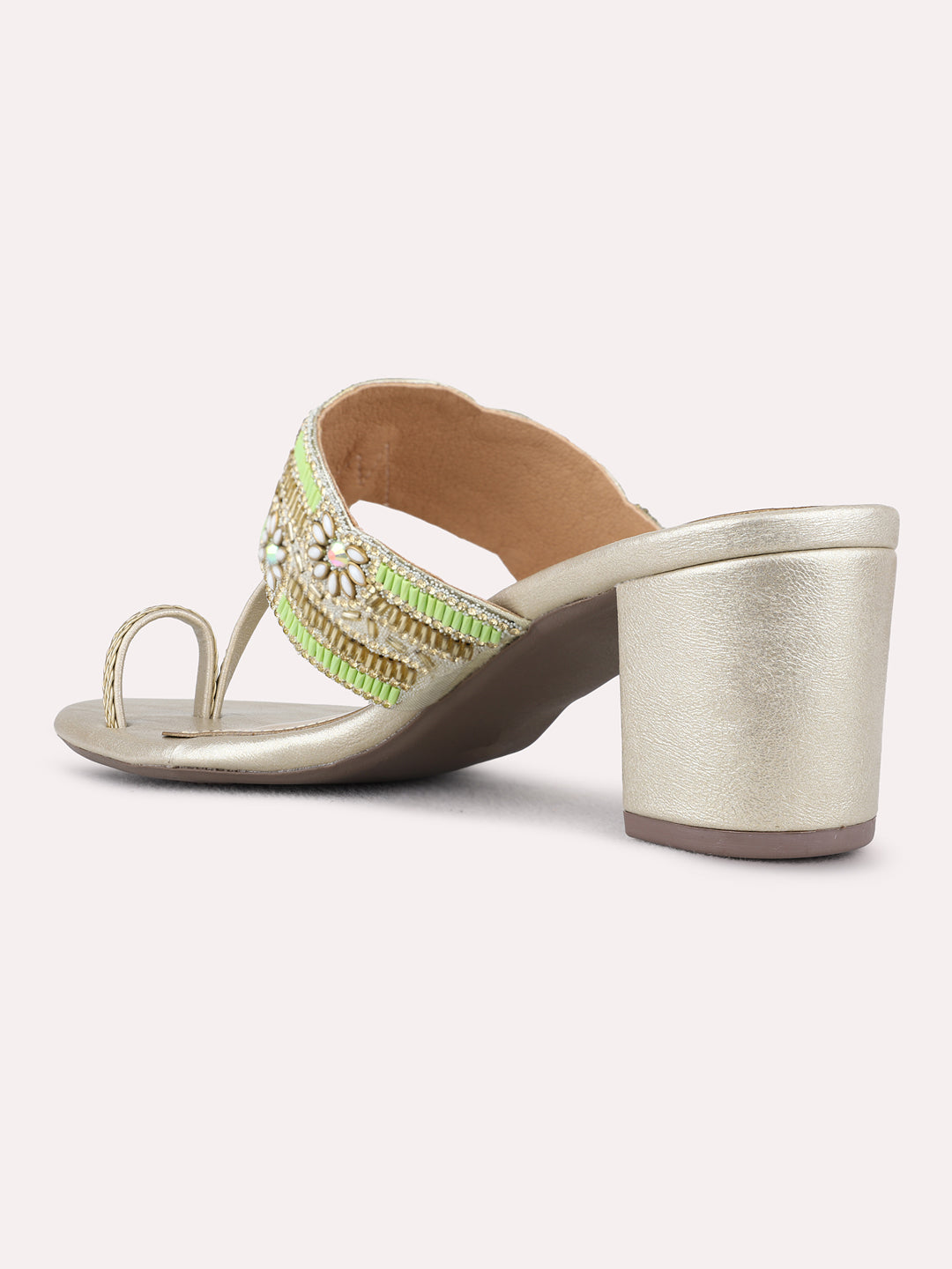 Womens Golden Ethnic Embellished Round Toe Block Heel Sandals