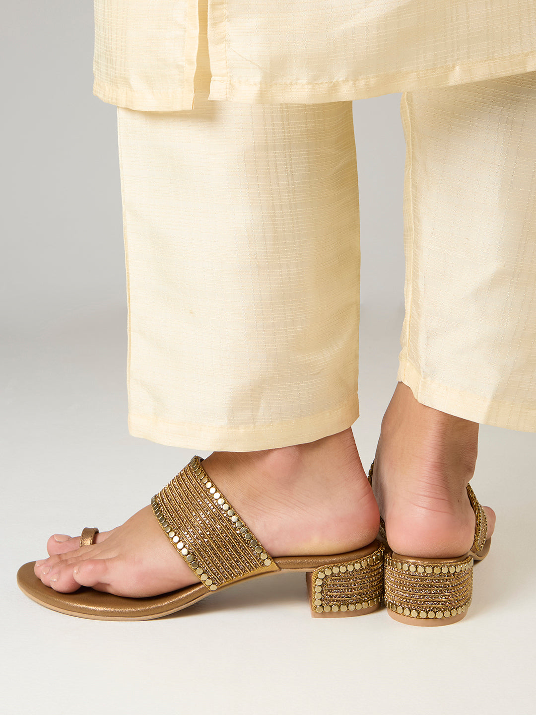 Womens Golden Ethnic Pattern Embellished Round Toe Block Heels