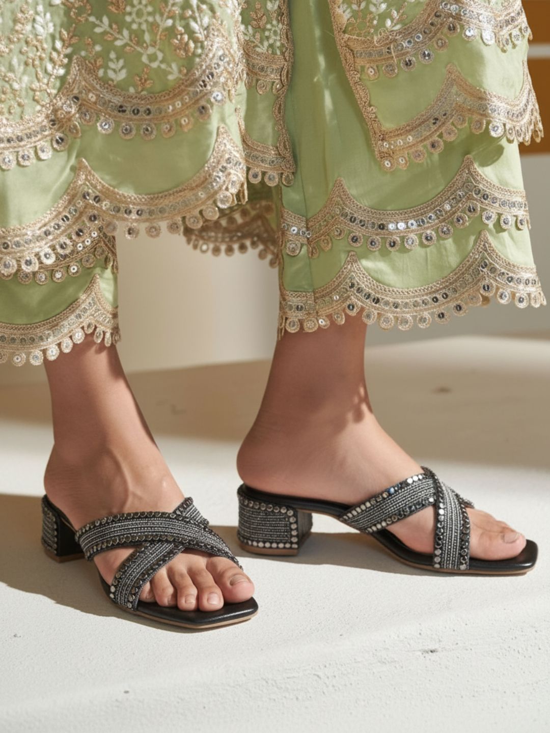 Womens Pewter Ethnic Embellished Square Toe Block Heels