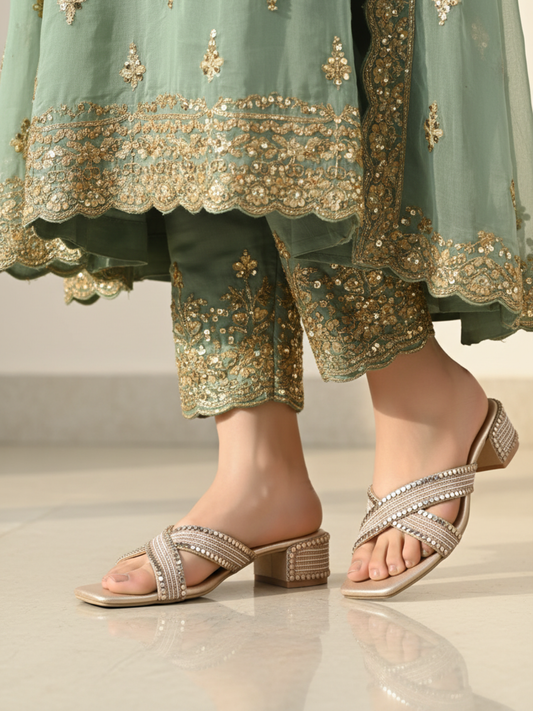 Womens Rose Gold Ethnic Embellished Square Toe Block Heels
