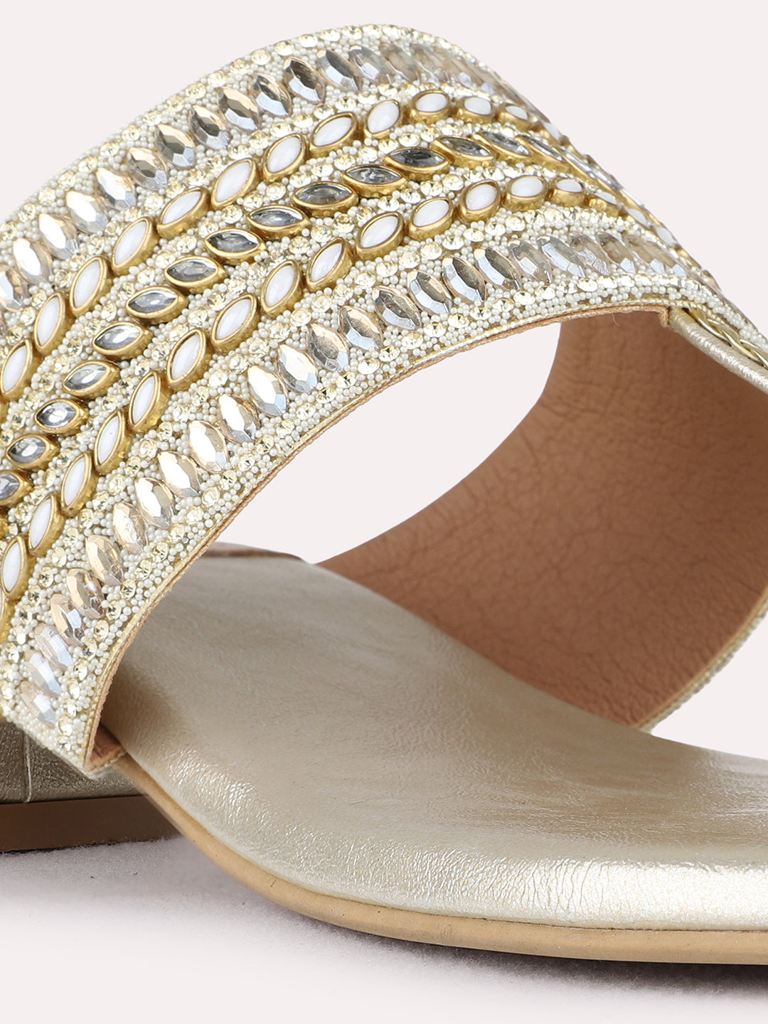 Womens Golden Ethnic Embellished Pointed Toe Block Heel Sandals