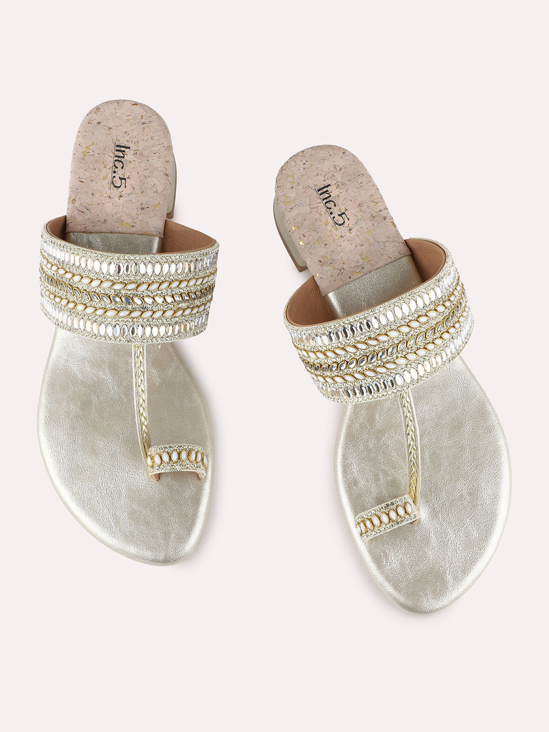 Womens Golden Ethnic Embellished Pointed Toe Block Heel Sandals