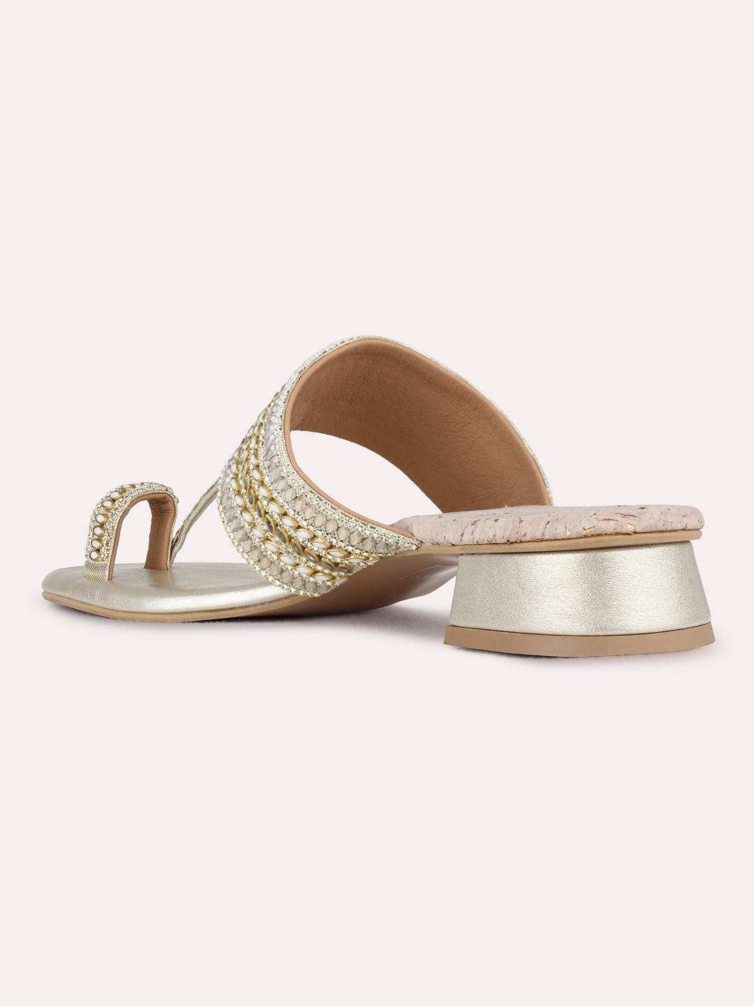 Womens Golden Ethnic Embellished Pointed Toe Block Heel Sandals