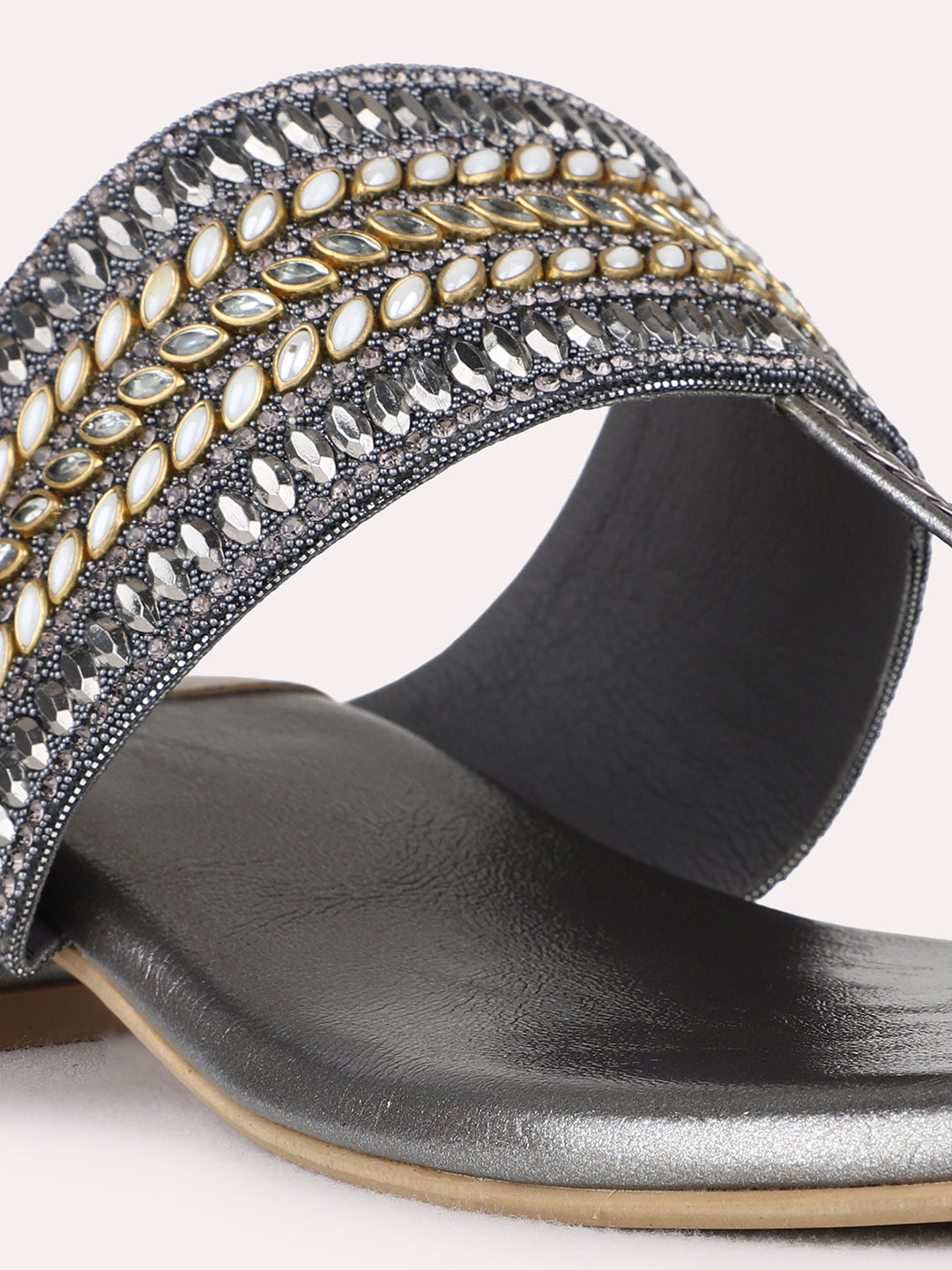 Womens Pewter Ethnic Embellished Pointed Toe Block Heel Sandals