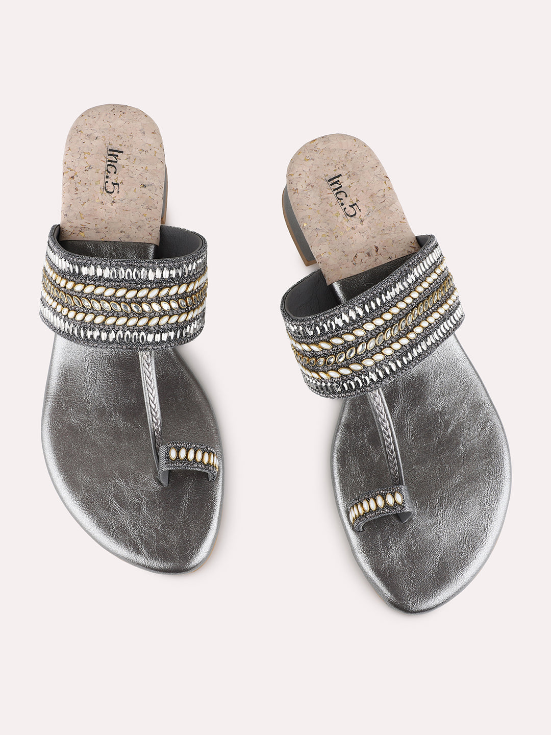 Womens Pewter Ethnic Embellished Pointed Toe Block Heel Sandals