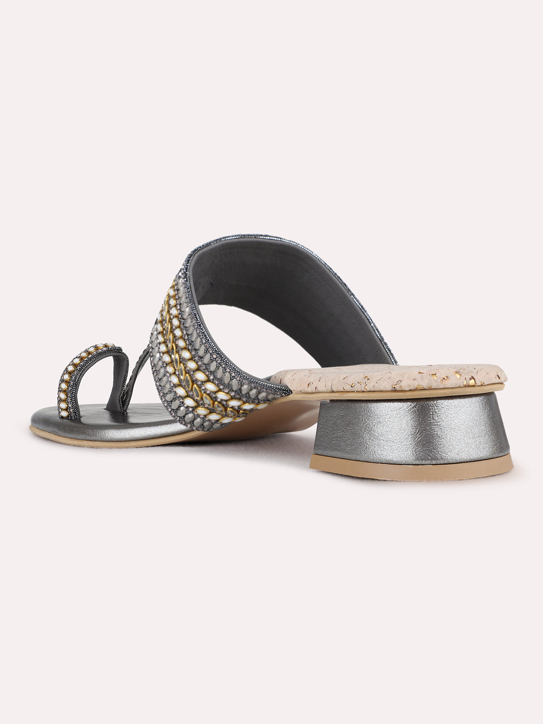 Womens Pewter Ethnic Embellished Pointed Toe Block Heel Sandals