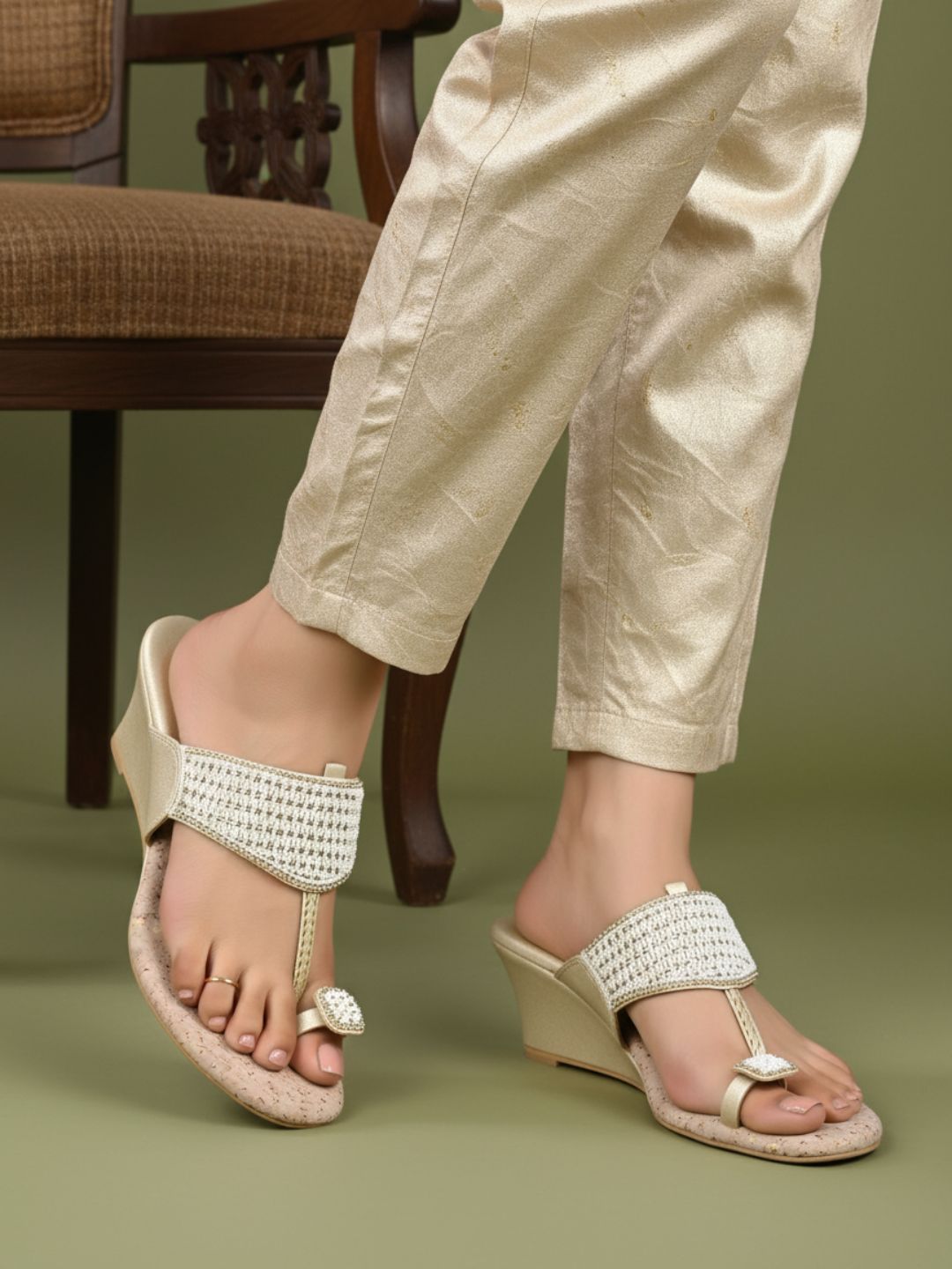 Womens Golden Ethnic Embellished Round Toe Wedge Heels