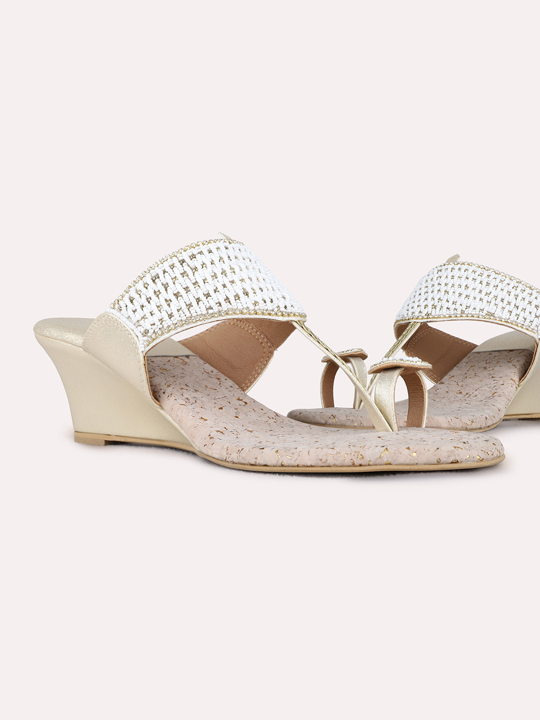 Womens Golden Ethnic Embellished Round Toe Wedge Heels