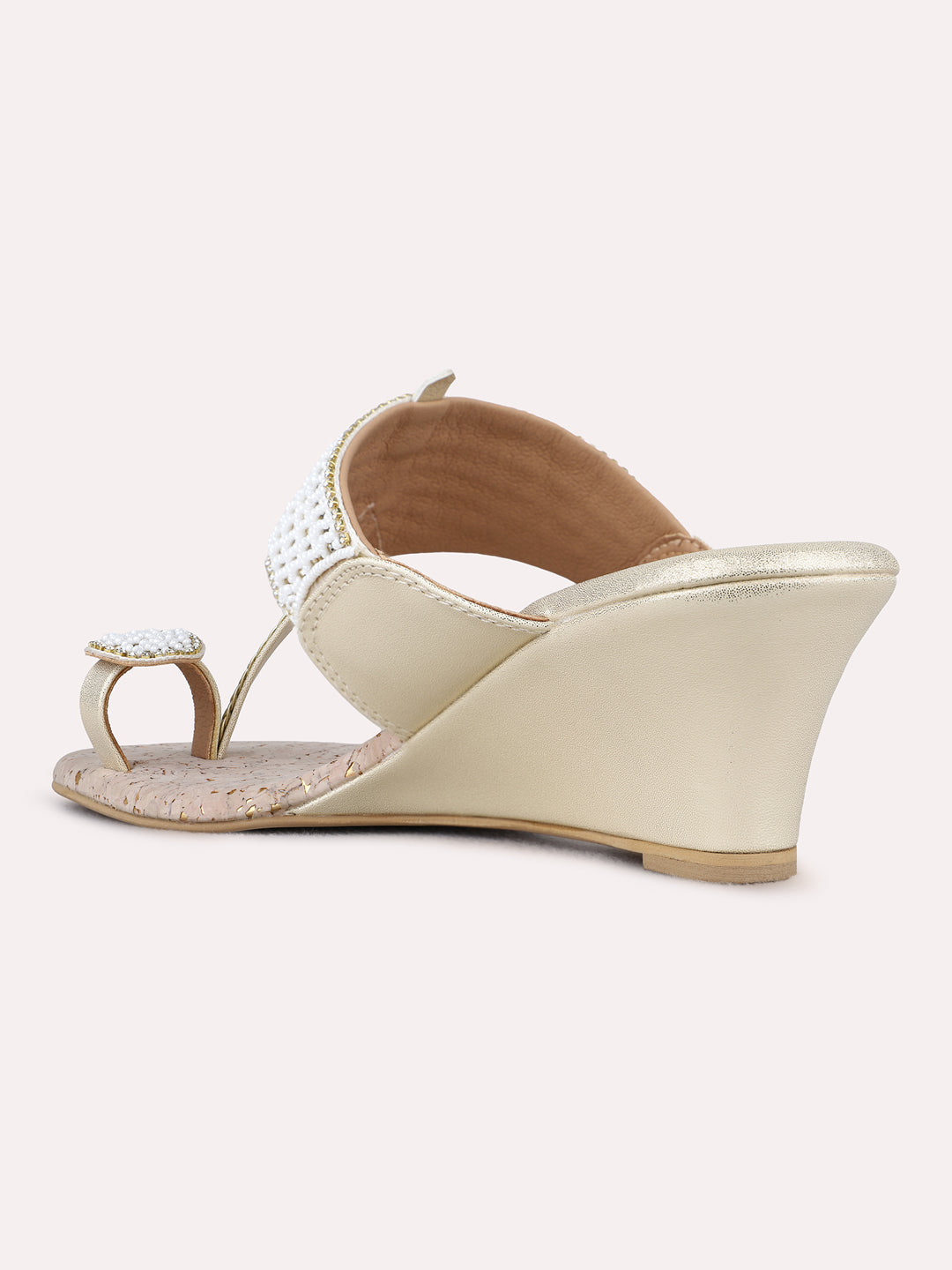 Womens Golden Ethnic Embellished Round Toe Wedge Heels