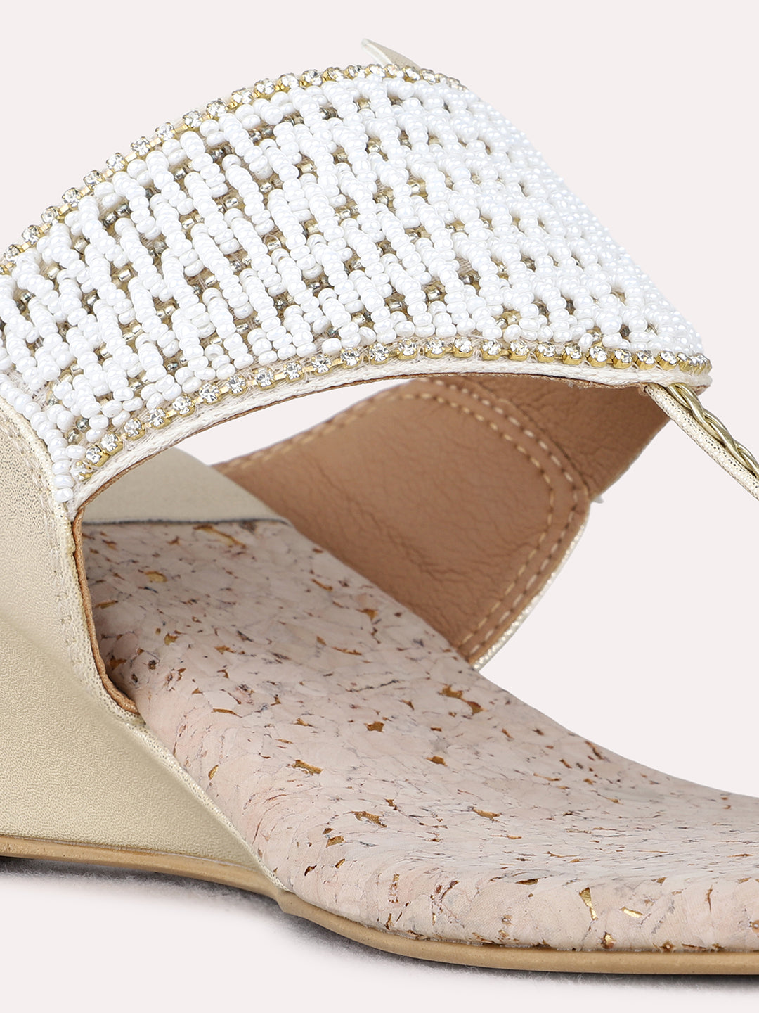 Womens Golden Ethnic Embellished Round Toe Wedge Heels