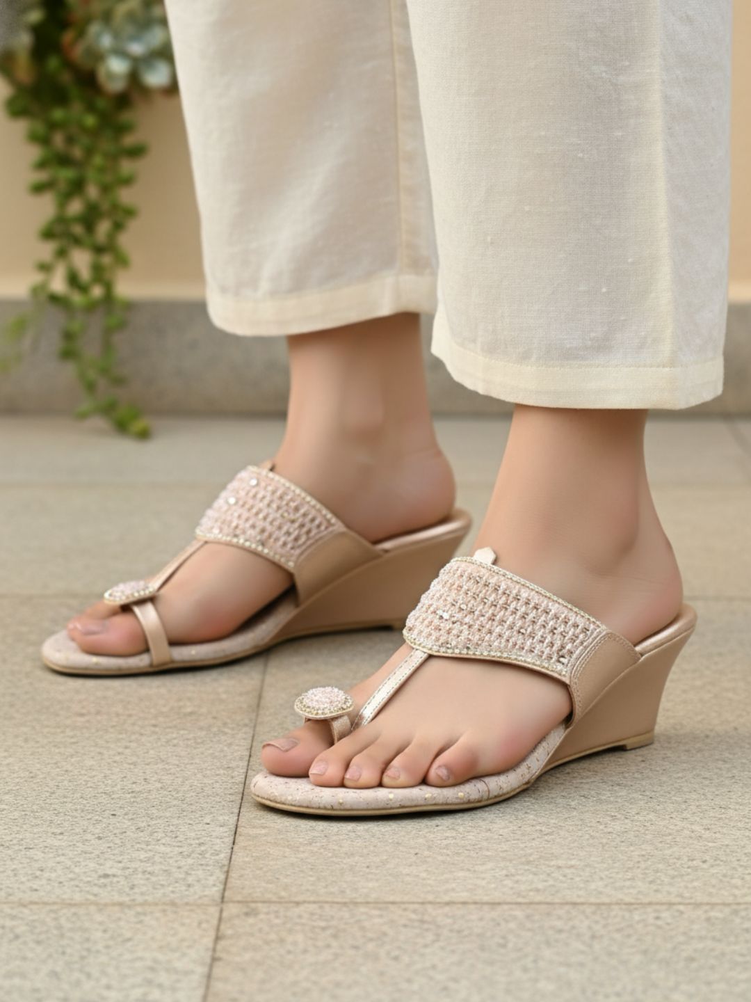 Womens Rose Gold Ethnic Embellished Round Toe Wedge Heels