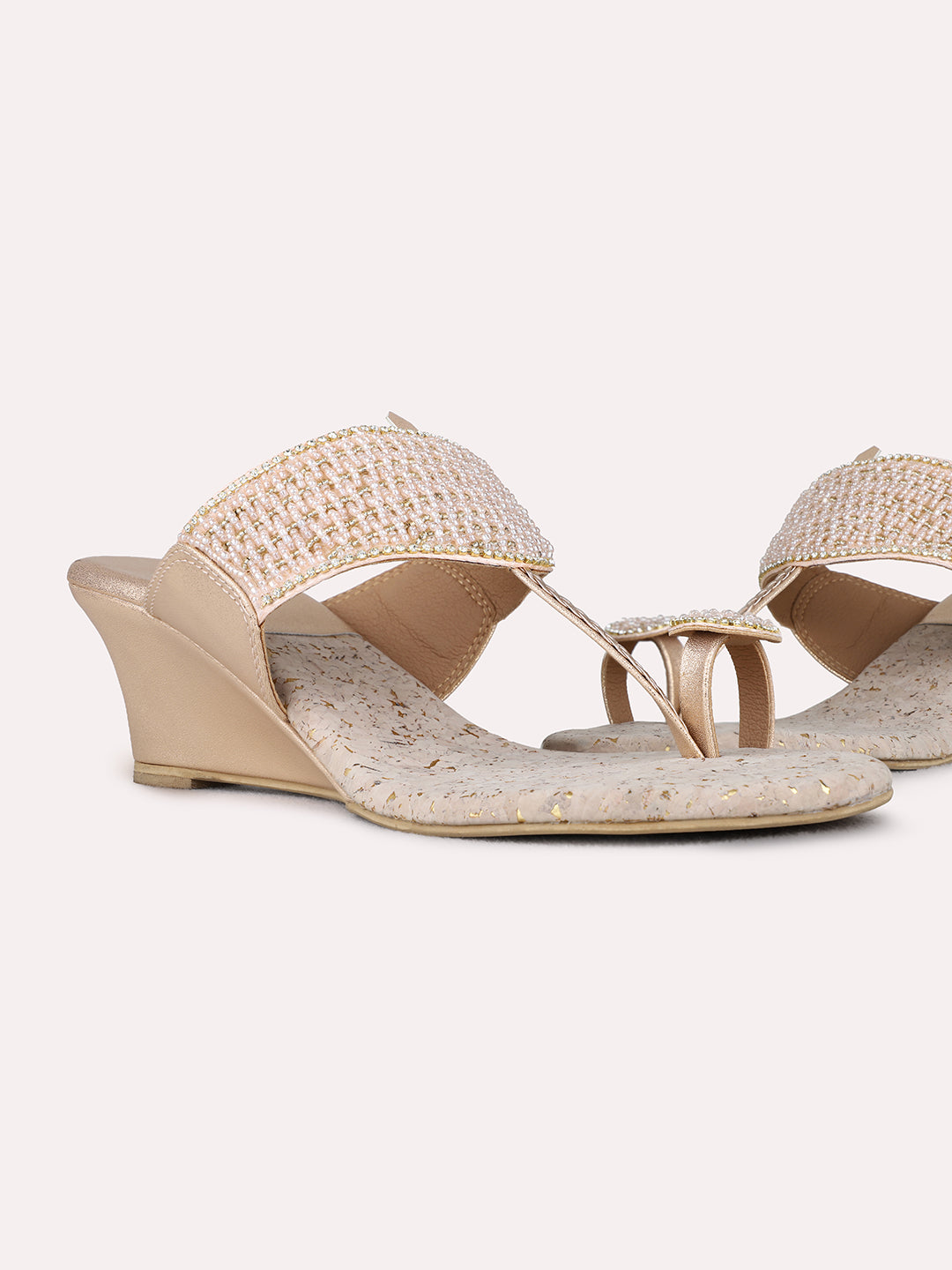 Womens Rose Gold Ethnic Embellished Round Toe Wedge Heels